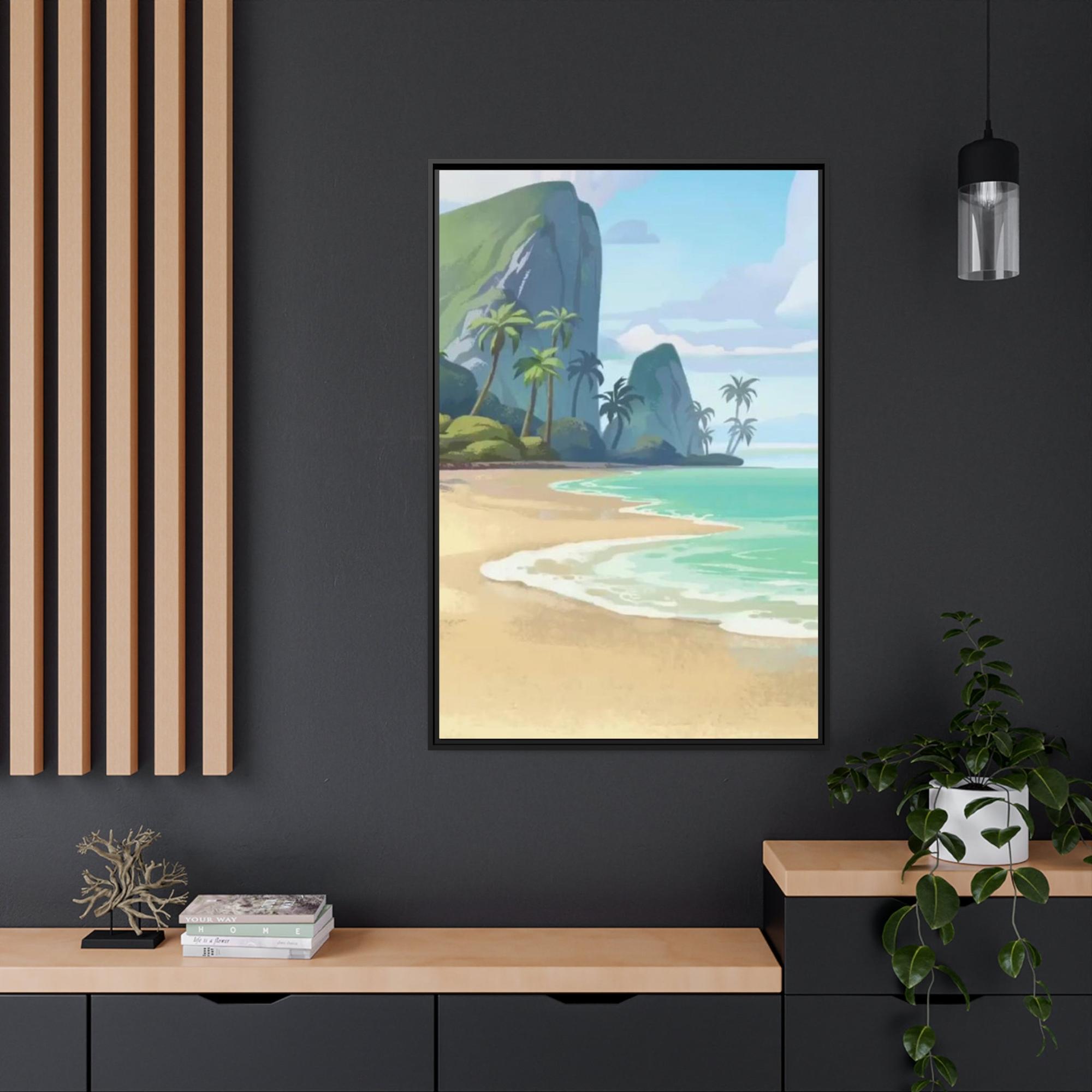 Island Beach Coastal Haven: Framed Canvas of a Tranquil Beach Landscape