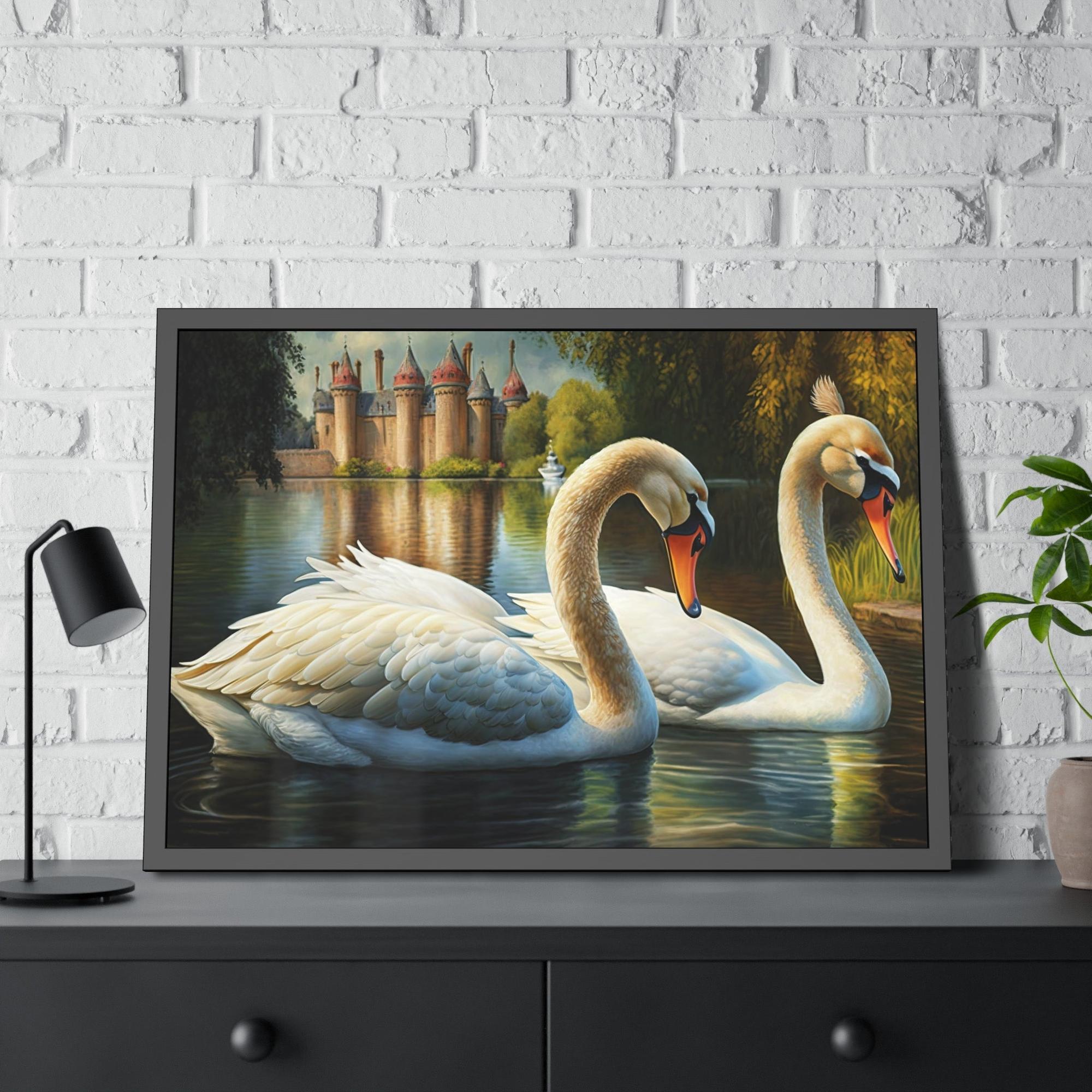 Swans Swan Symphony: Framed Canvas Print of These Beautiful Birds in Harmony