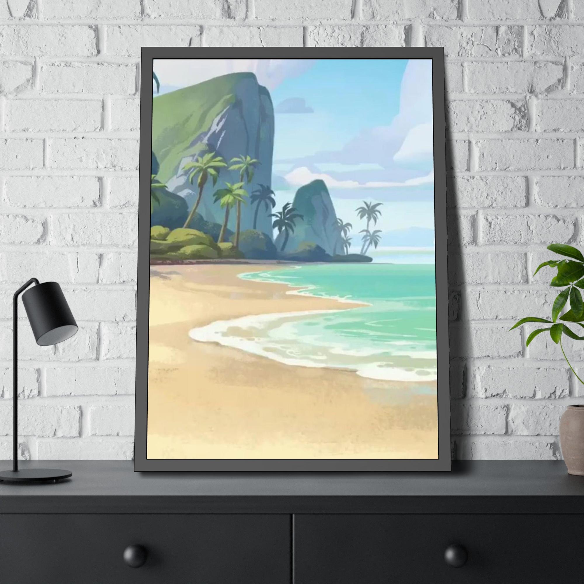 Island Beach Coastal Haven: Framed Canvas of a Tranquil Beach Landscape