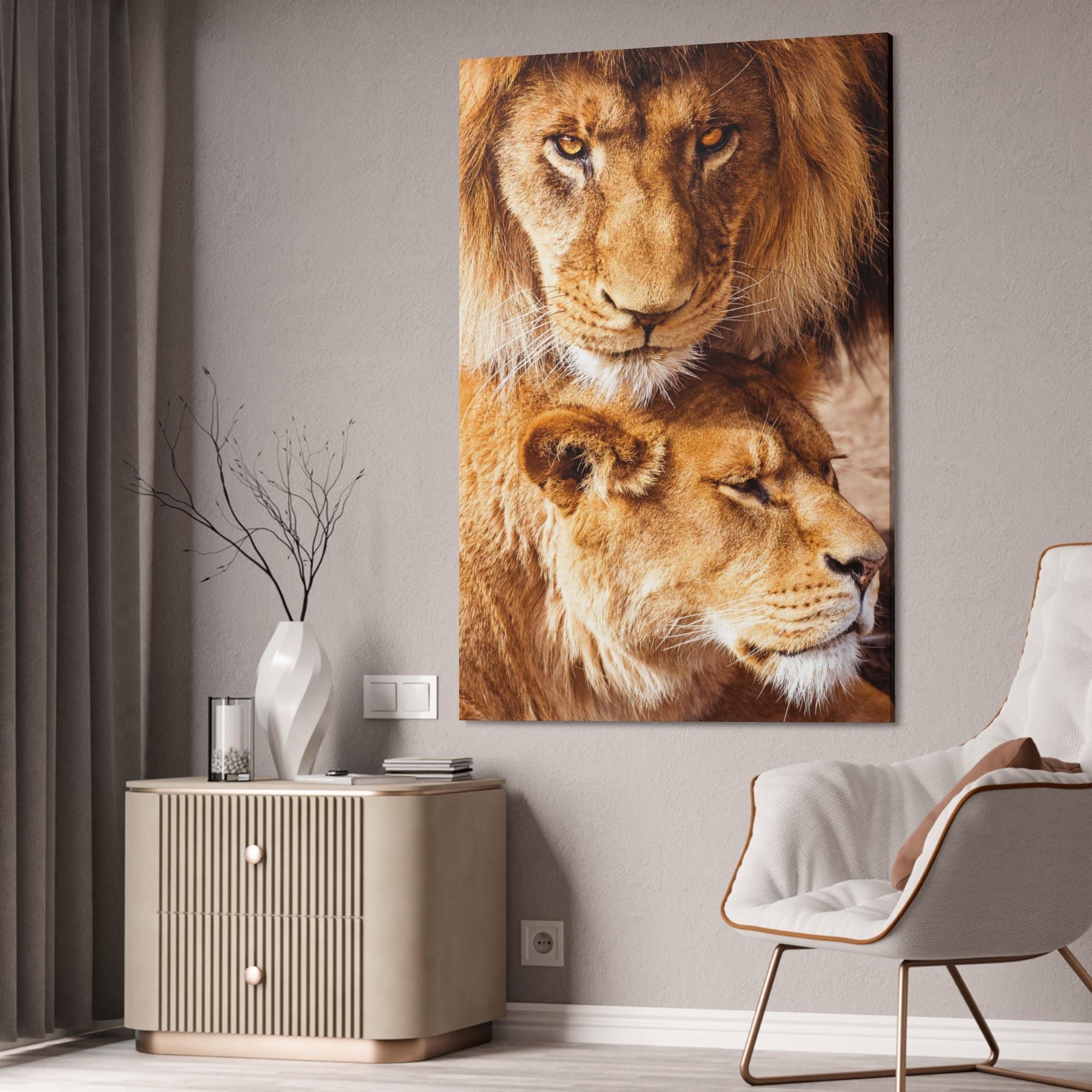 Lions African Royalty: Wall Art of a Magnificent Lion on Natural Canvas