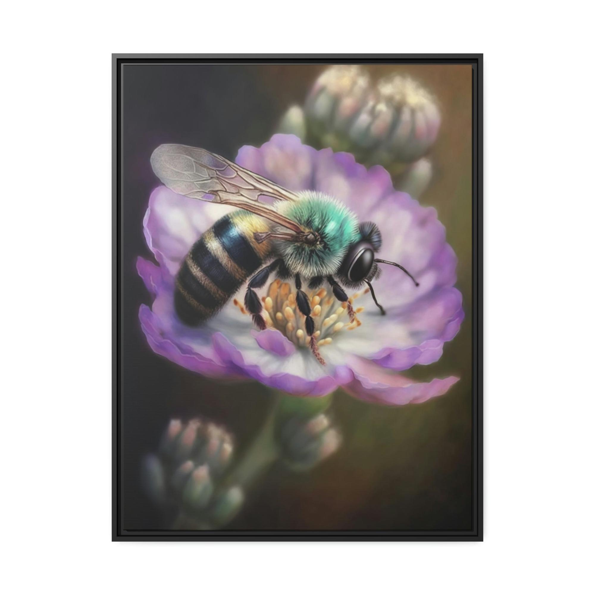 Bees A Tiny Miracle: A Framed Poster & Canvas Print of a Bee Collecting Pollen on a Flower