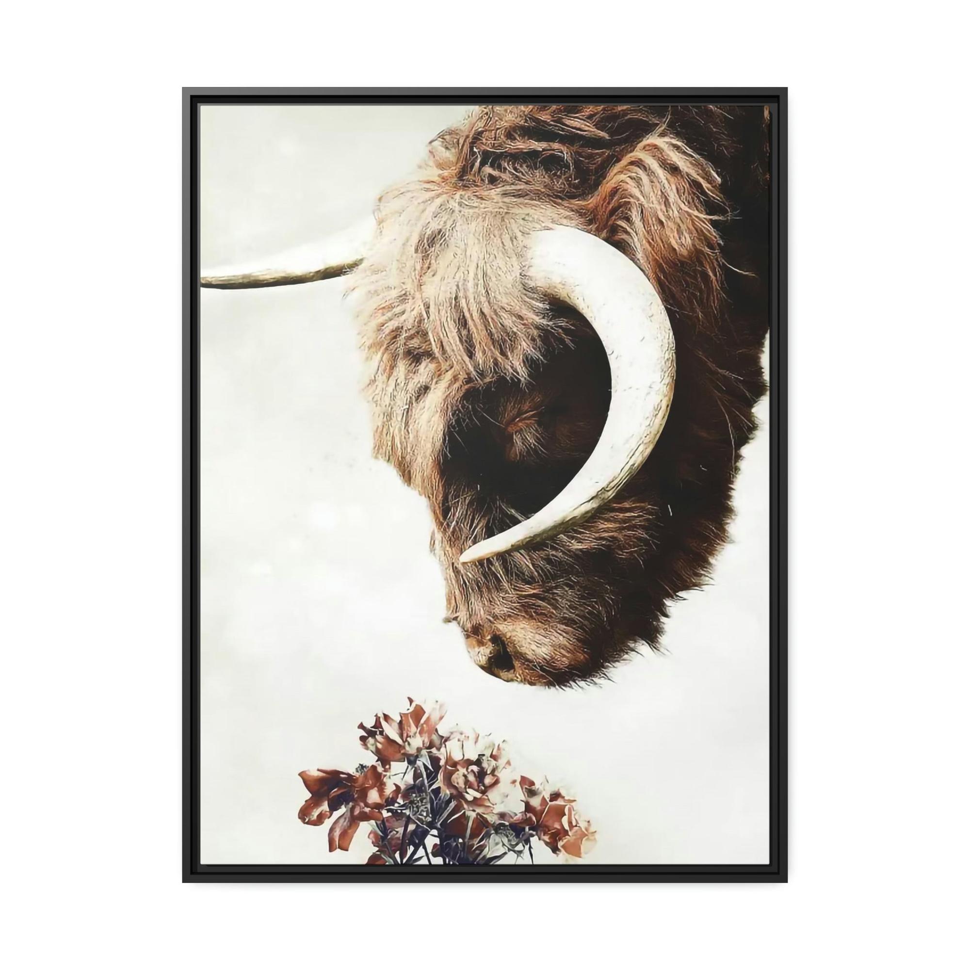 Highland Cow Highland Cow | Horned Cow Smelling a Flower | Animal Wall Art — Pixoram