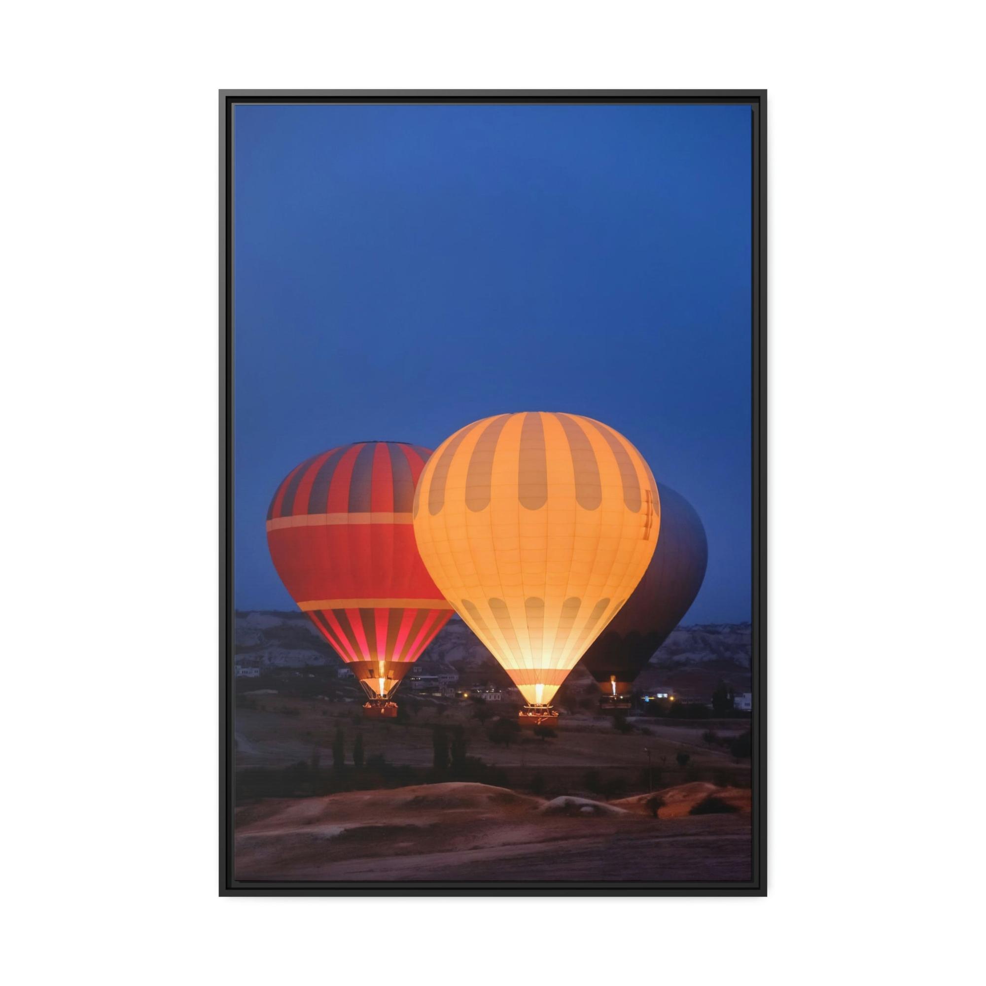 Hot Air Balloons Aerial Adventure: Framed Canvas & Poster of a Hot Air Balloon Over Mountains