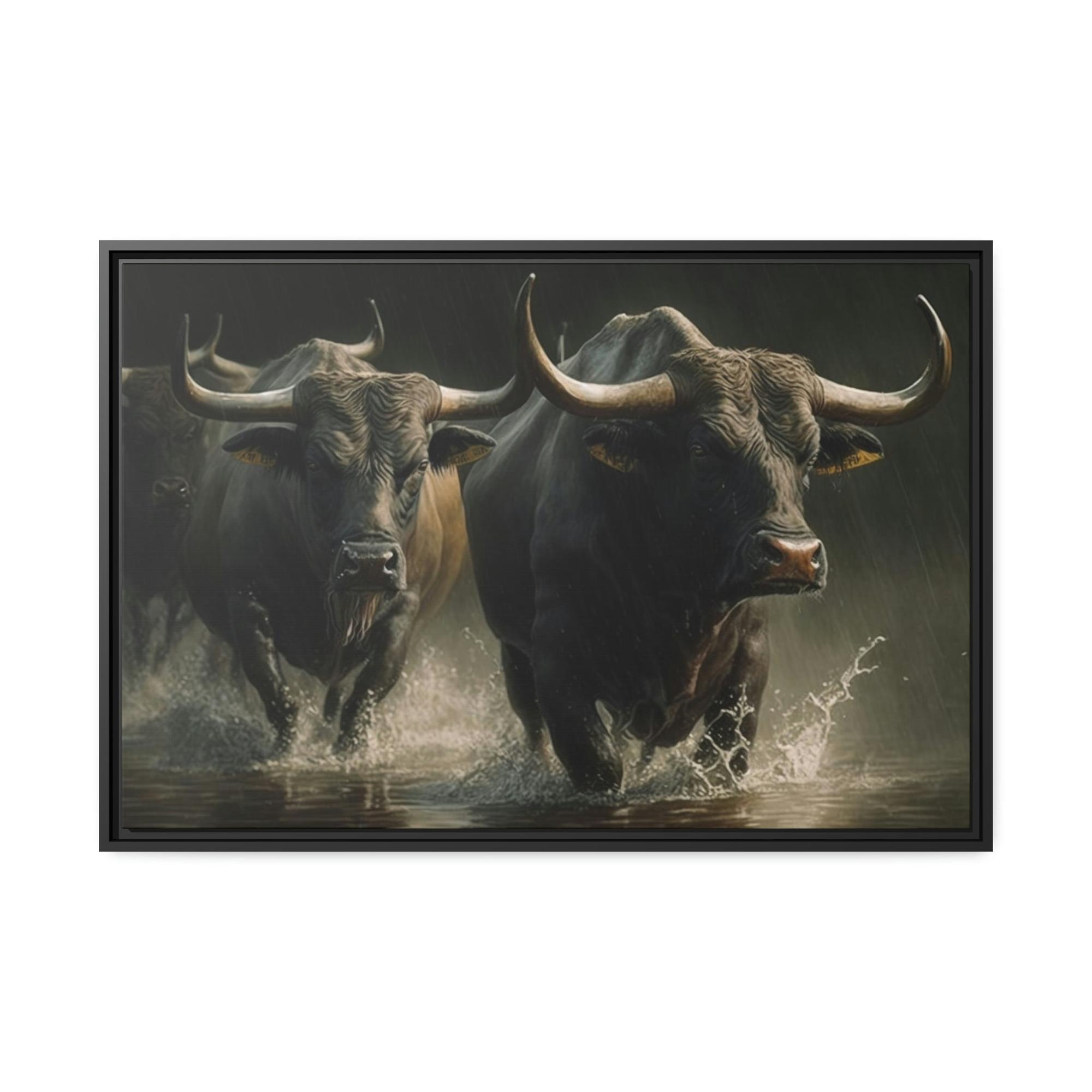 undefined Wild Bulls Running: Poster & Canvas Print of Cattle Stampede