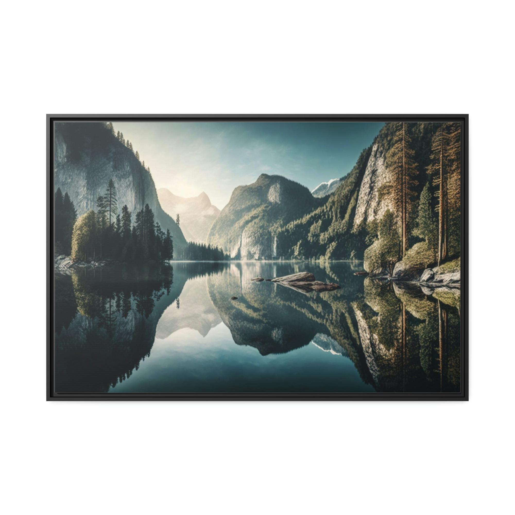 undefined Tranquil Lakeshore: Framed Poster of a Peaceful Lake on Canvas