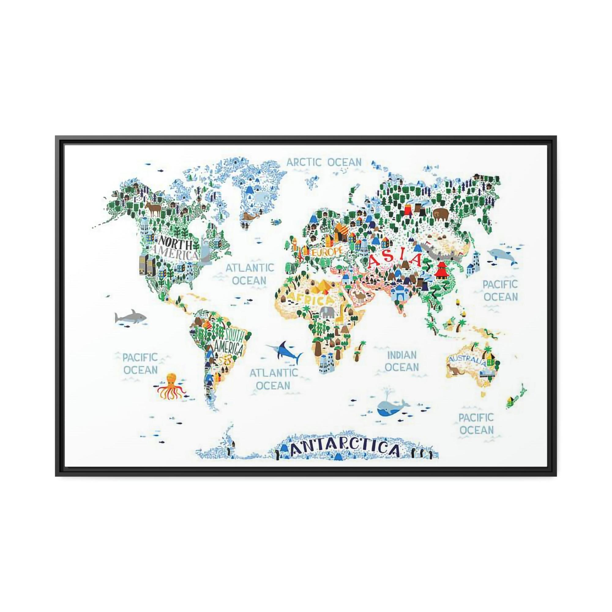 Kids Maps World Adventure: Framed Canvas and Poster of Playful Illustrated Kids Map