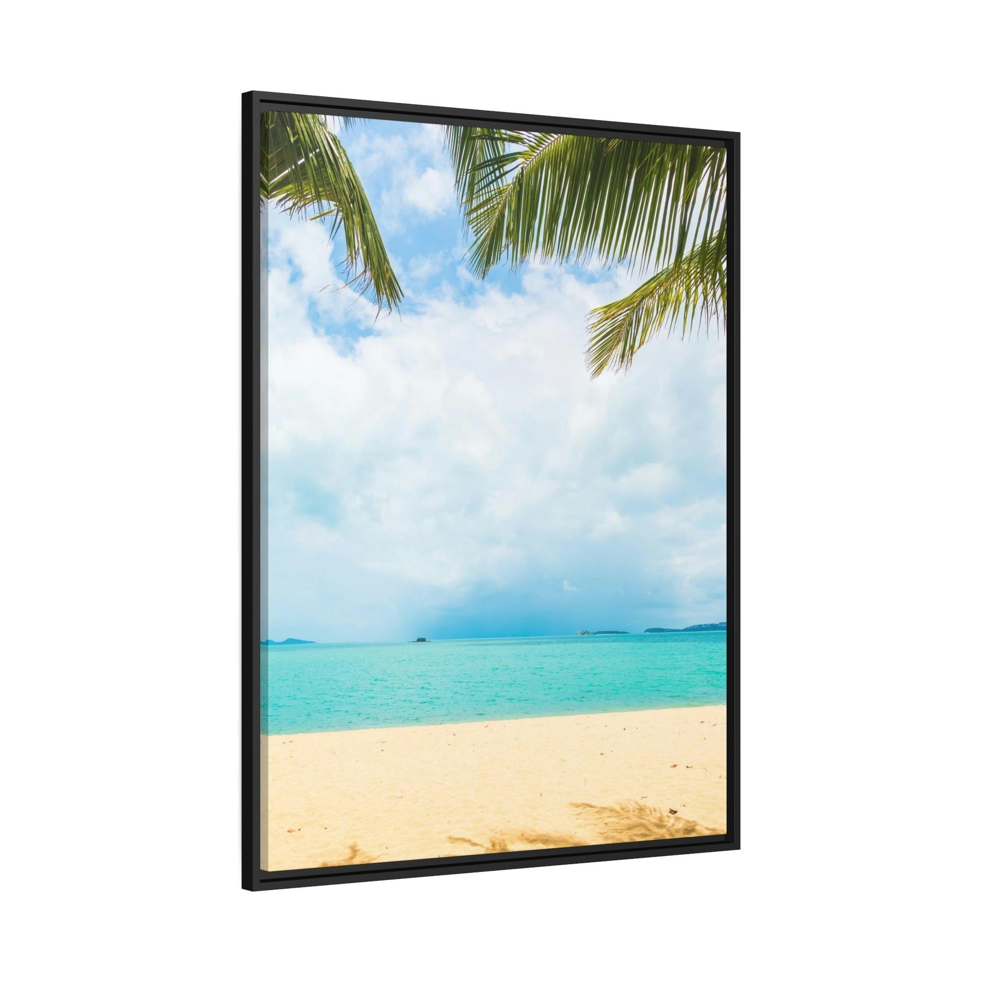 Island Beach Seashore Sanctuary: Art Print of a Tranquil Island Beach Scene on a Framed Canvas