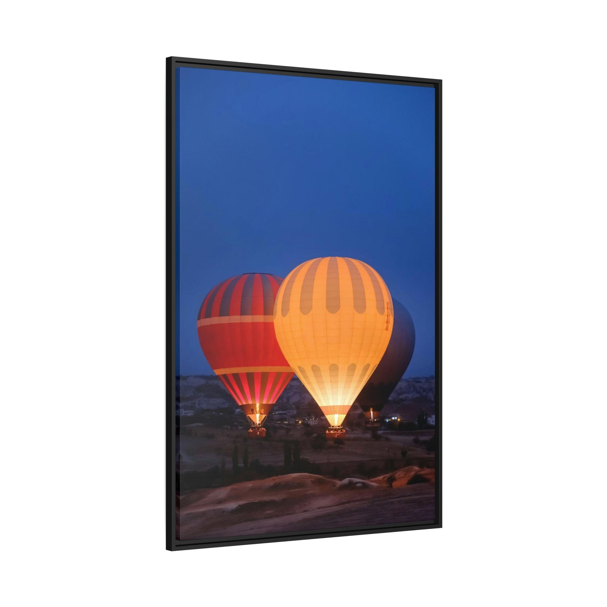 Hot Air Balloons Aerial Adventure: Framed Canvas & Poster of a Hot Air Balloon Over Mountains