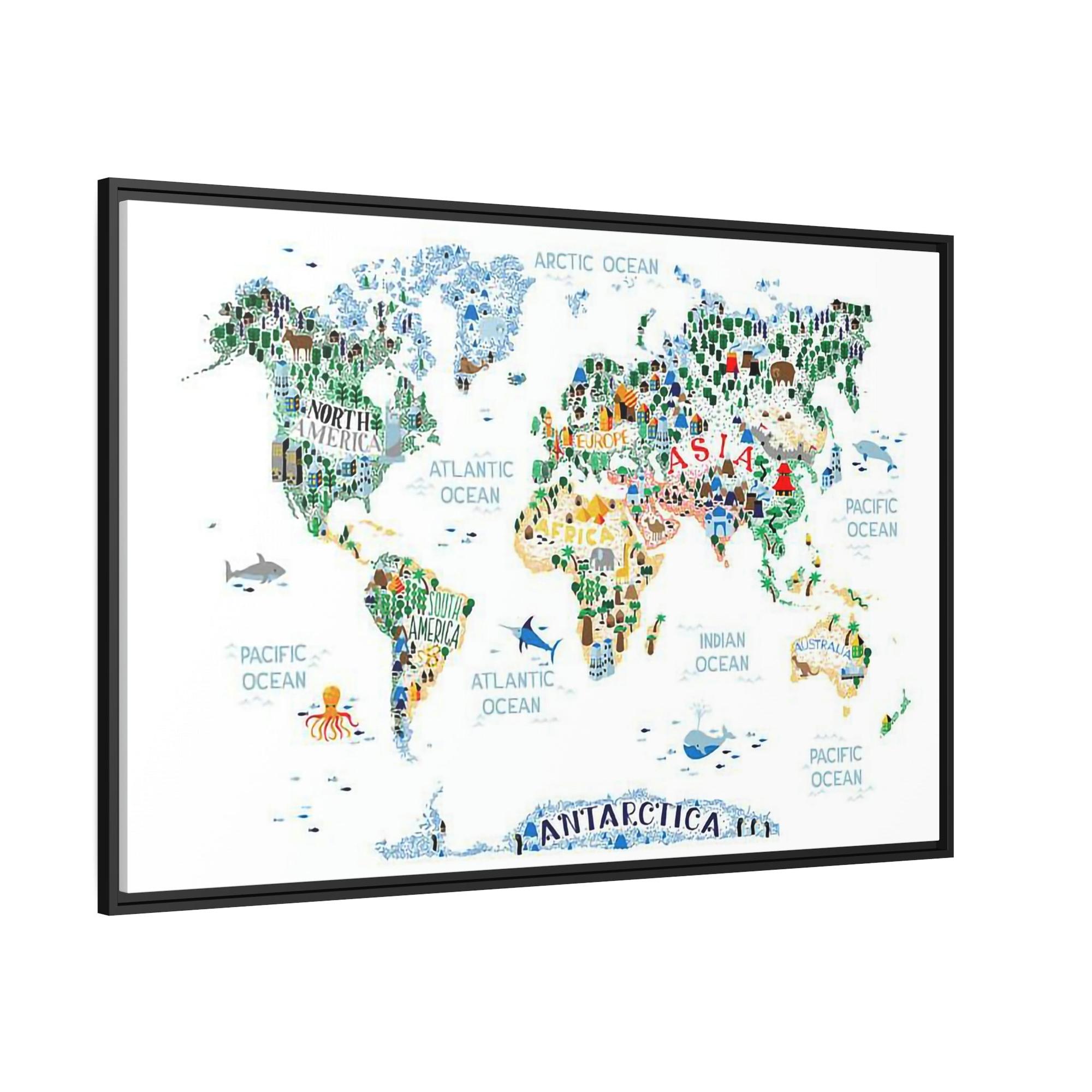 Kids Maps World Adventure: Framed Canvas and Poster of Playful Illustrated Kids Map
