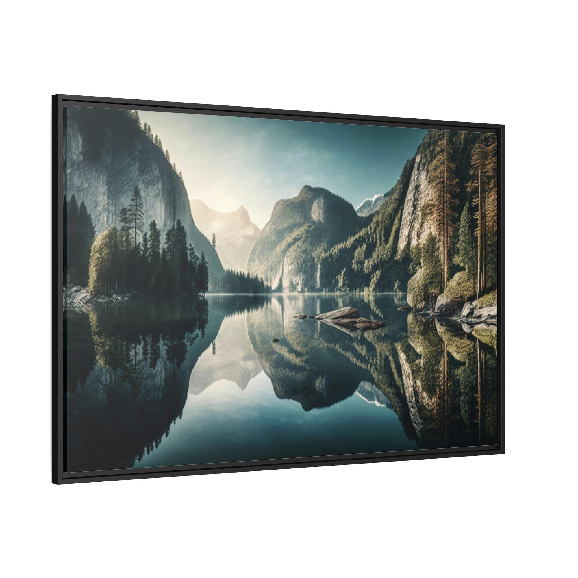Lakes And Rivers Tranquil Lakeshore: Framed Poster of a Peaceful Lake on Canvas