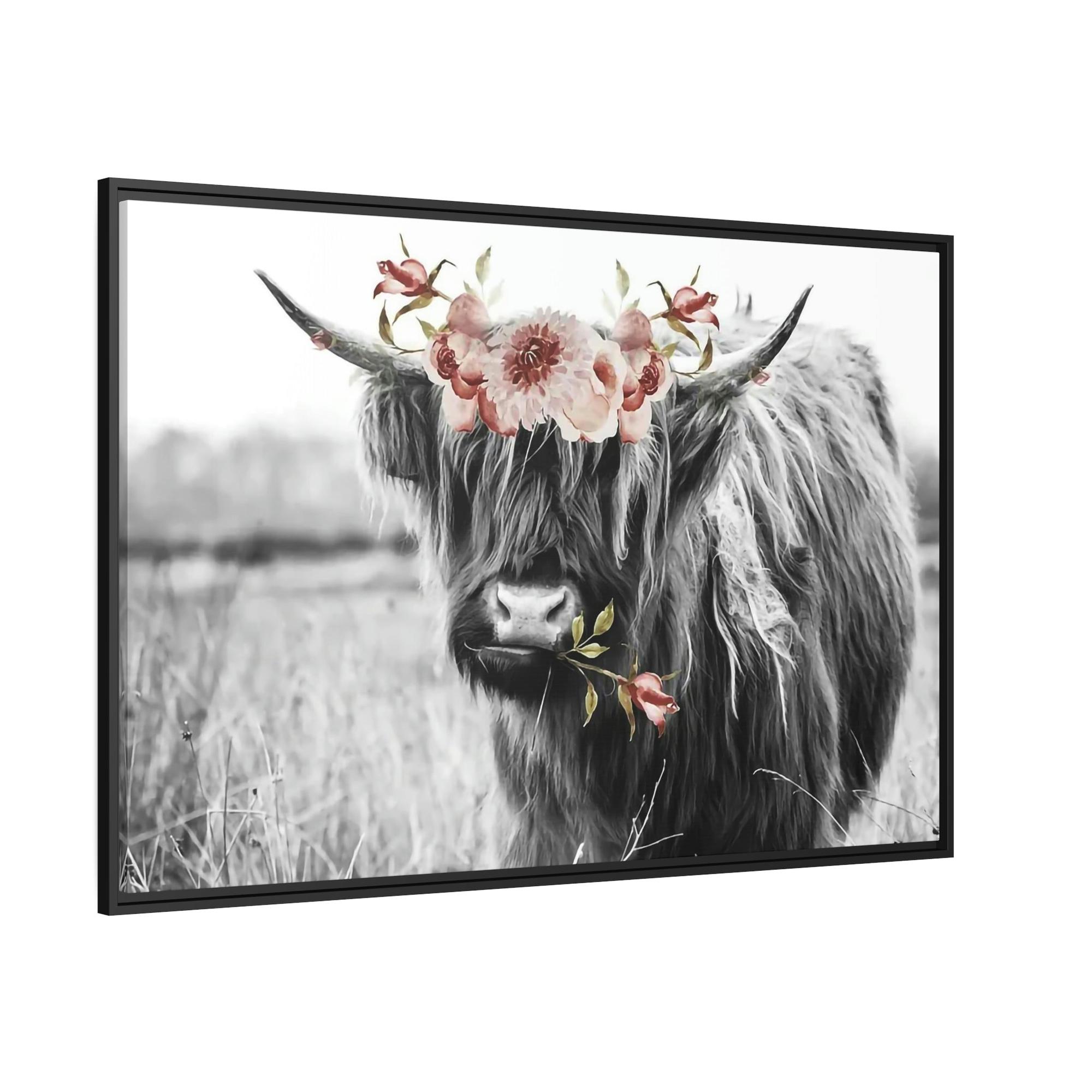 Highland Cow Highland Cow | Black-White Picture of Cow with Pink Flowers in the Mouth | Art Canvas — Pixoram