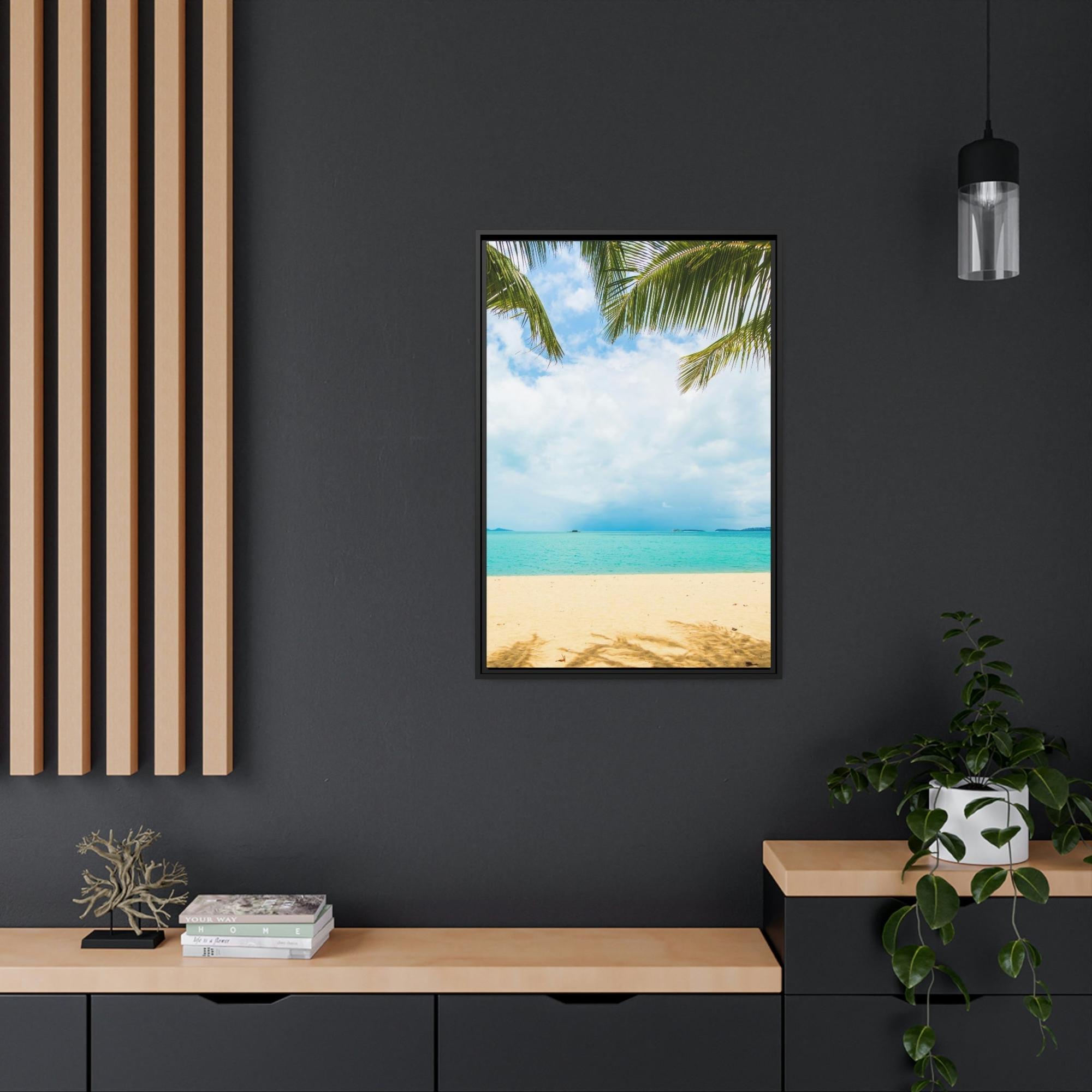 Island Beach Seashore Sanctuary: Art Print of a Tranquil Island Beach Scene on a Framed Canvas