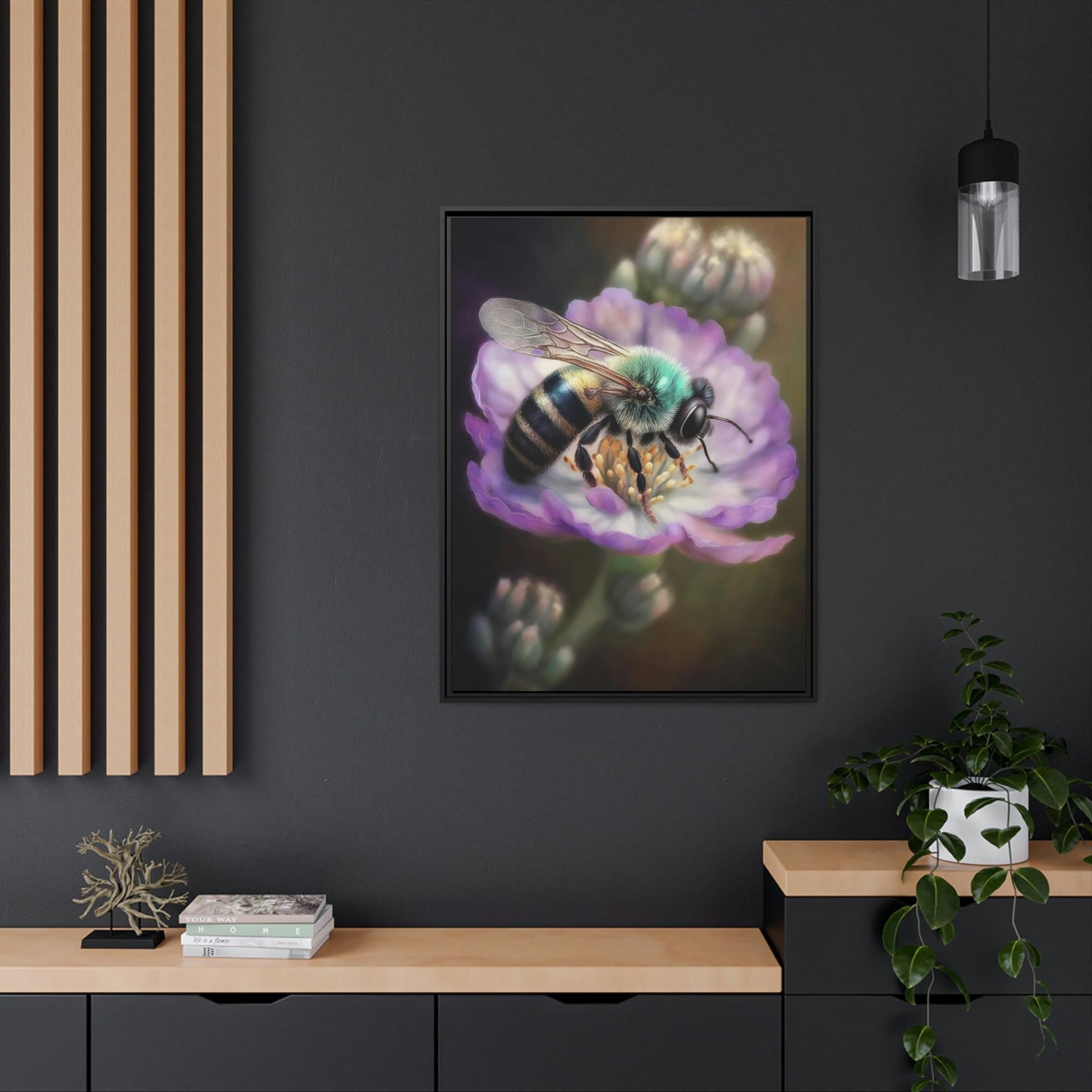 Bees A Tiny Miracle: A Framed Poster & Canvas Print of a Bee Collecting Pollen on a Flower