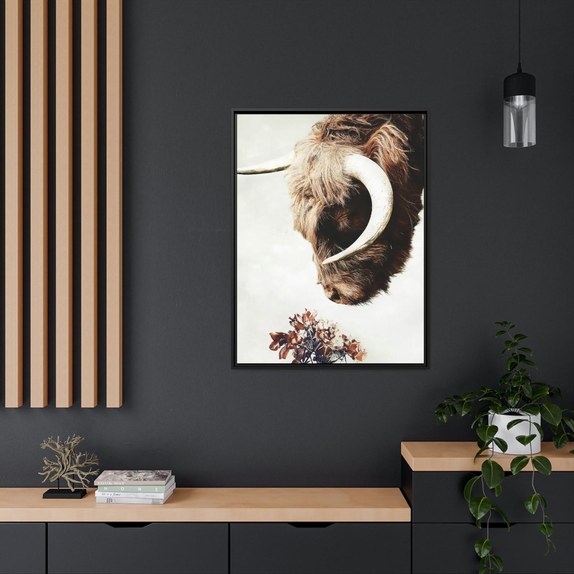 Highland Cow Highland Cow | Horned Cow Smelling a Flower | Animal Wall Art — Pixoram