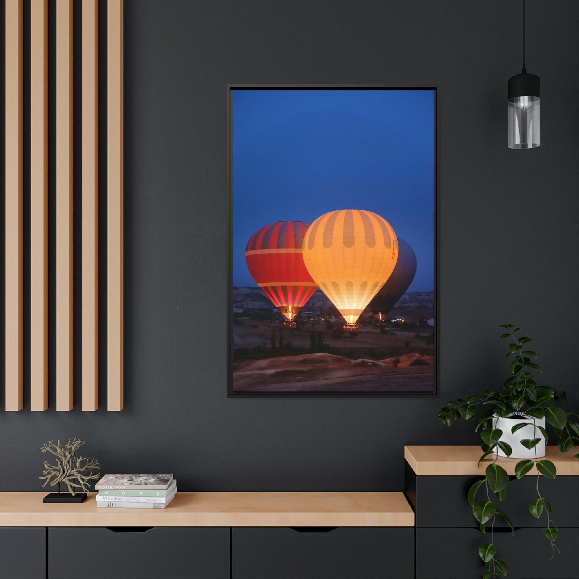 Hot Air Balloons Aerial Adventure: Framed Canvas & Poster of a Hot Air Balloon Over Mountains