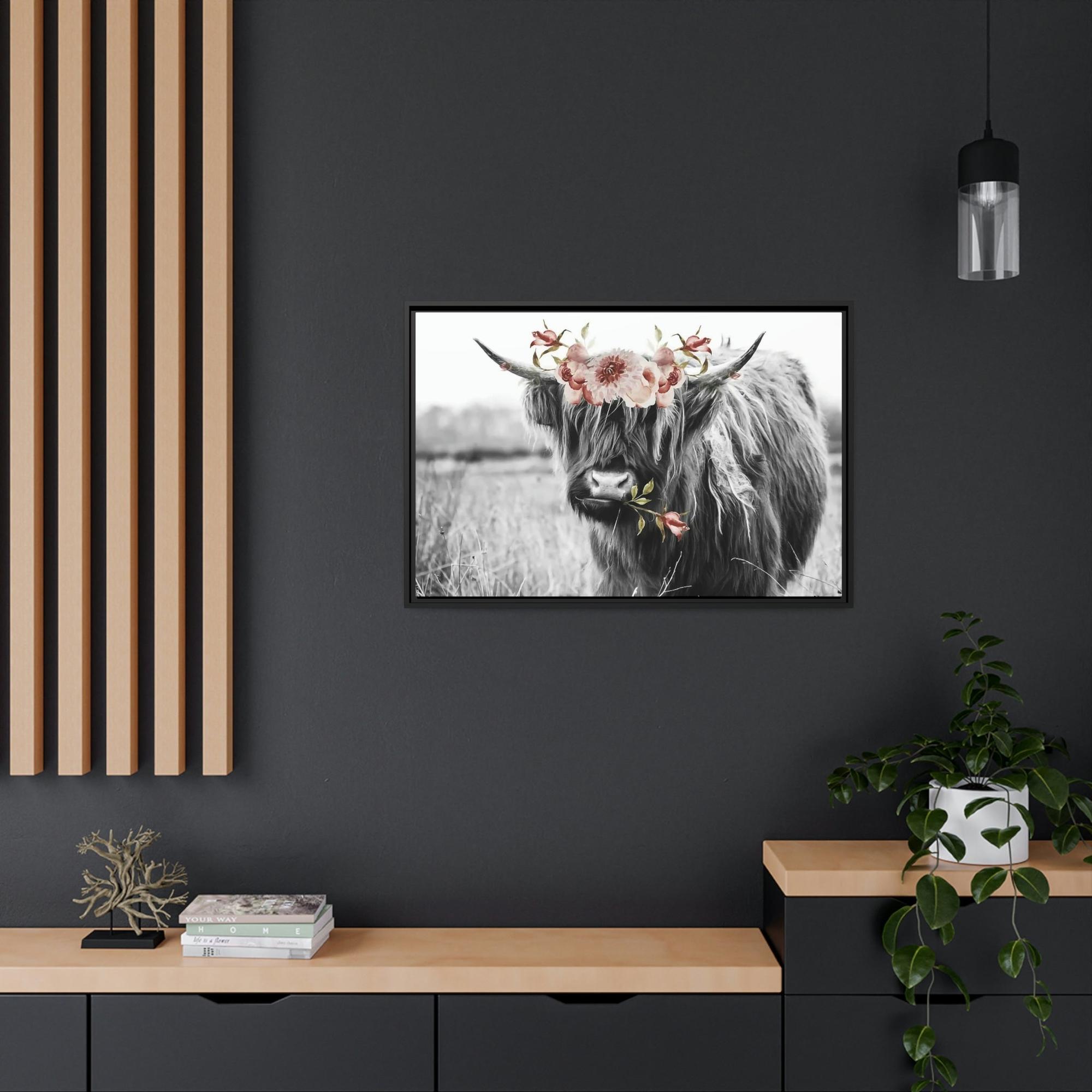 Highland Cow Highland Cow | Black-White Picture of Cow with Pink Flowers in the Mouth | Art Canvas — Pixoram