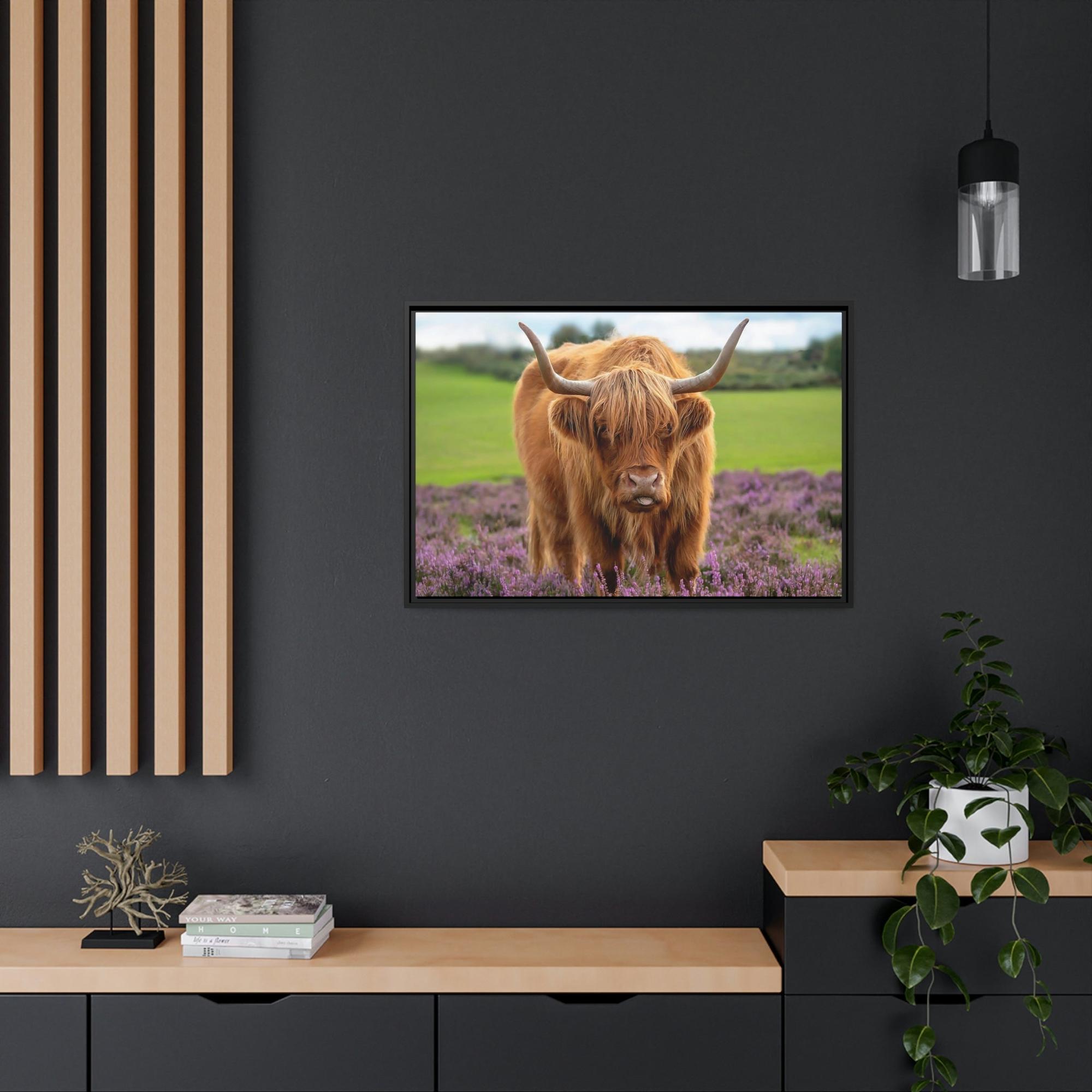 Highland Cow Highland Cow | Brown Cow in the Flowering Field | Canvas Art — Pixoram