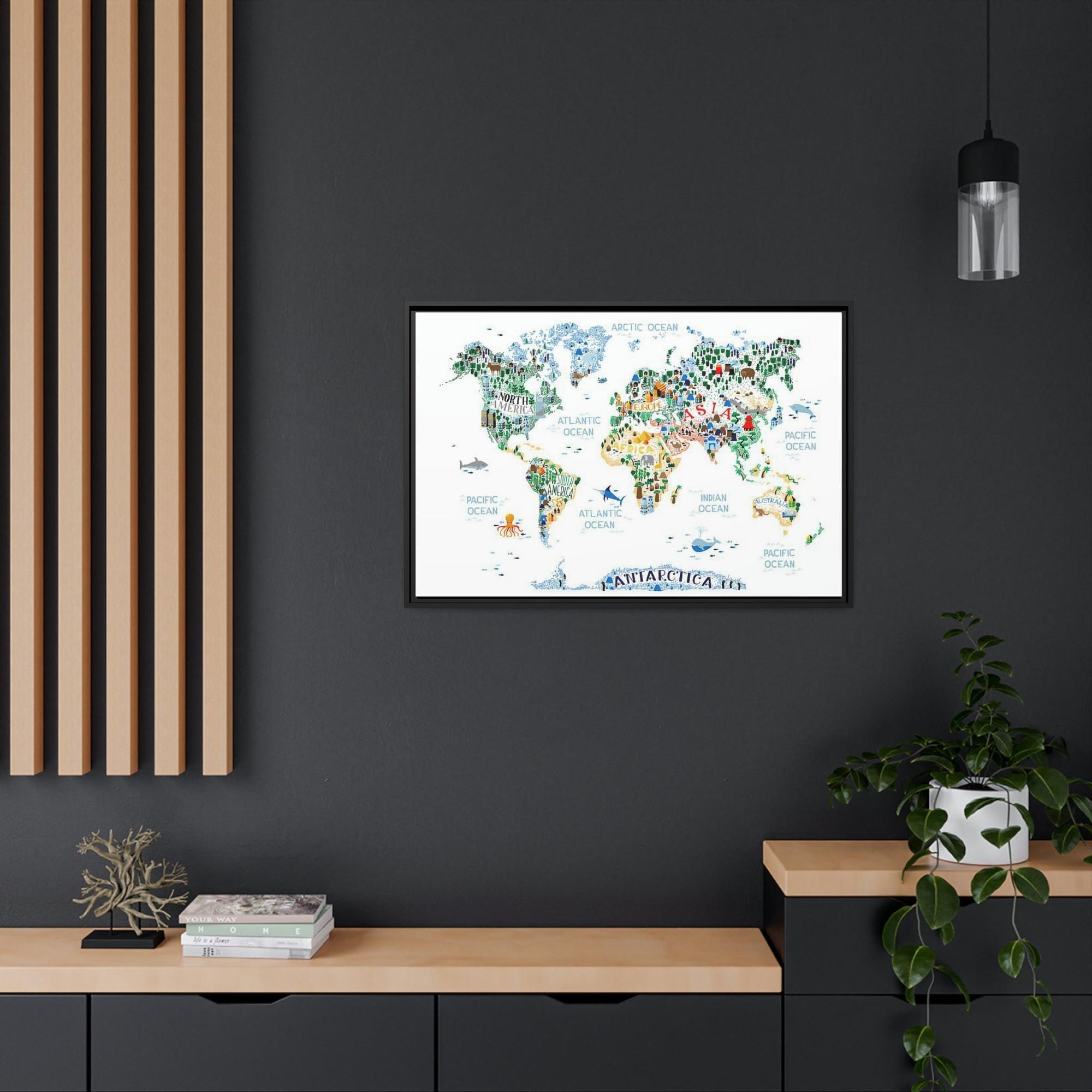 Kids Maps World Adventure: Framed Canvas and Poster of Playful Illustrated Kids Map