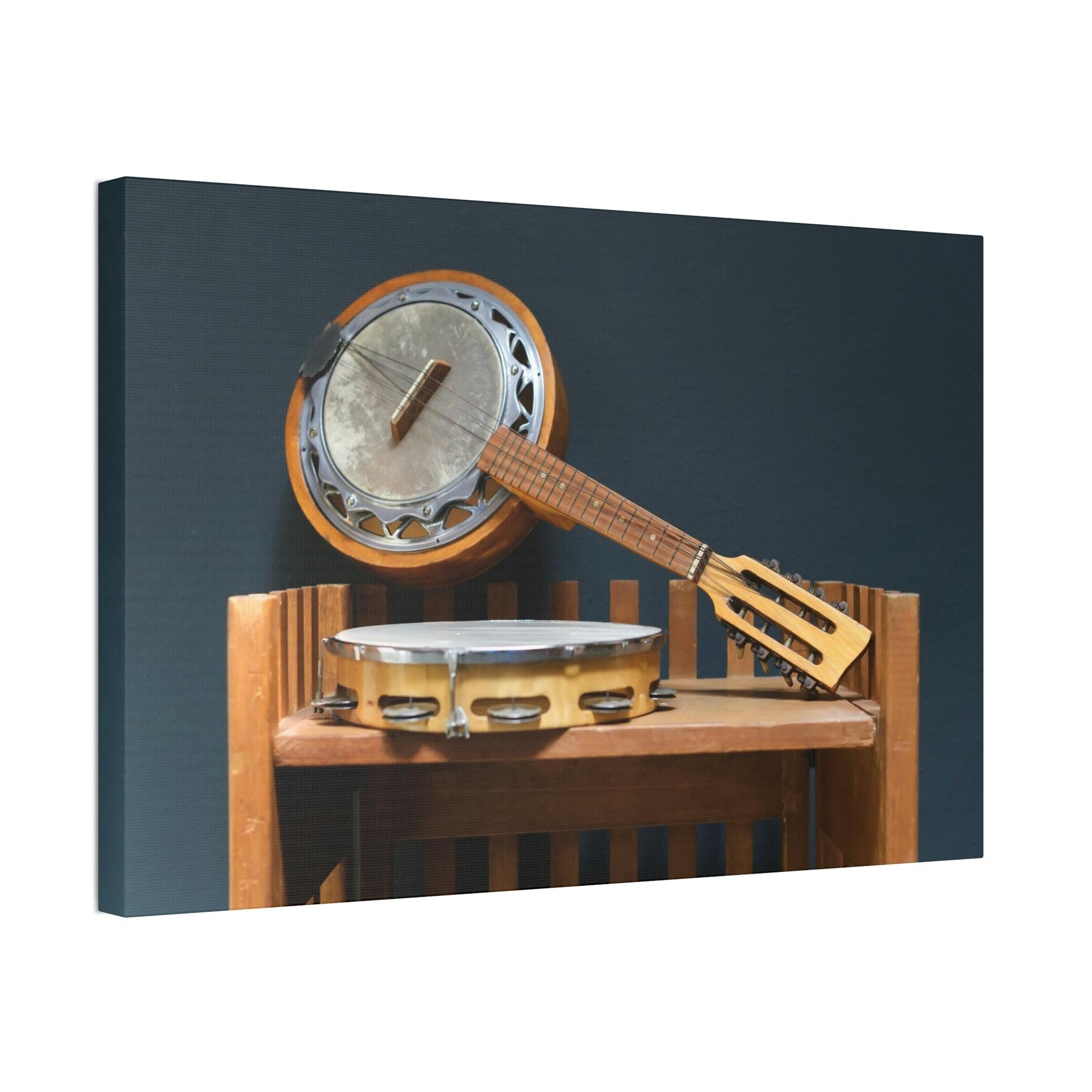 Banjo Musical Memories: Wall Art with a Banjo and Other Instruments in a Rustic Setting