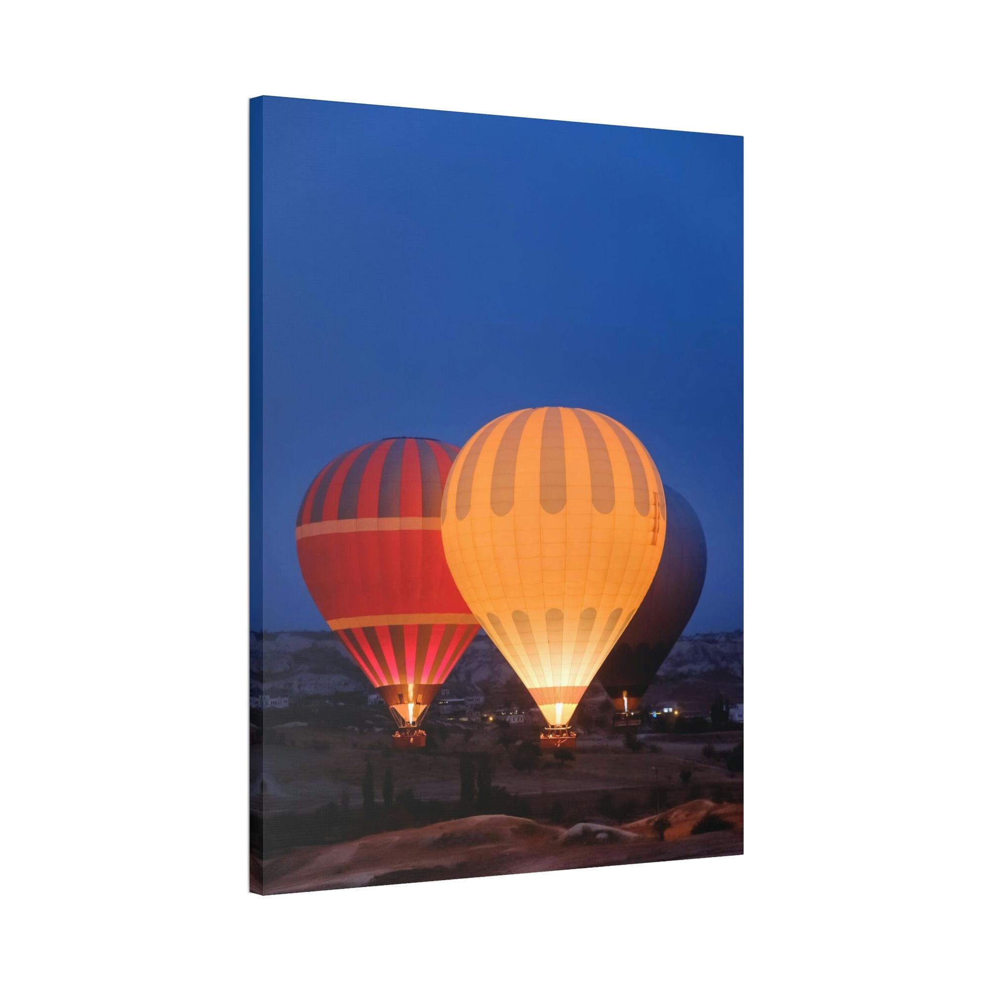 Hot Air Balloons Aerial Adventure: Framed Canvas & Poster of a Hot Air Balloon Over Mountains