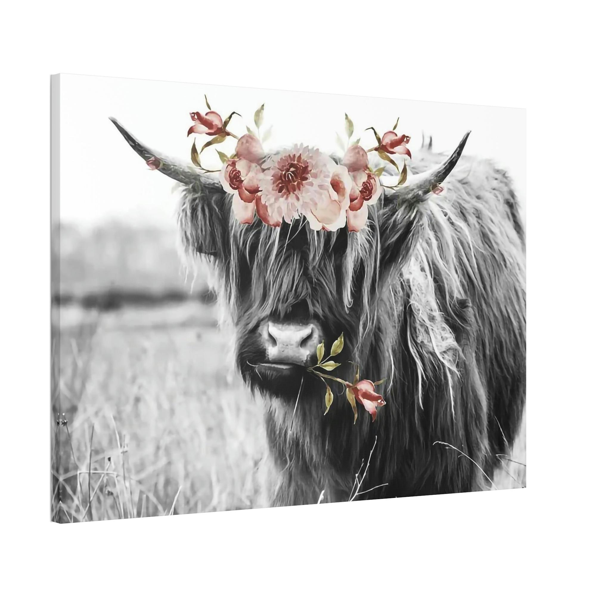 Highland Cow Highland Cow | Black-White Picture of Cow with Pink Flowers in the Mouth | Art Canvas — Pixoram
