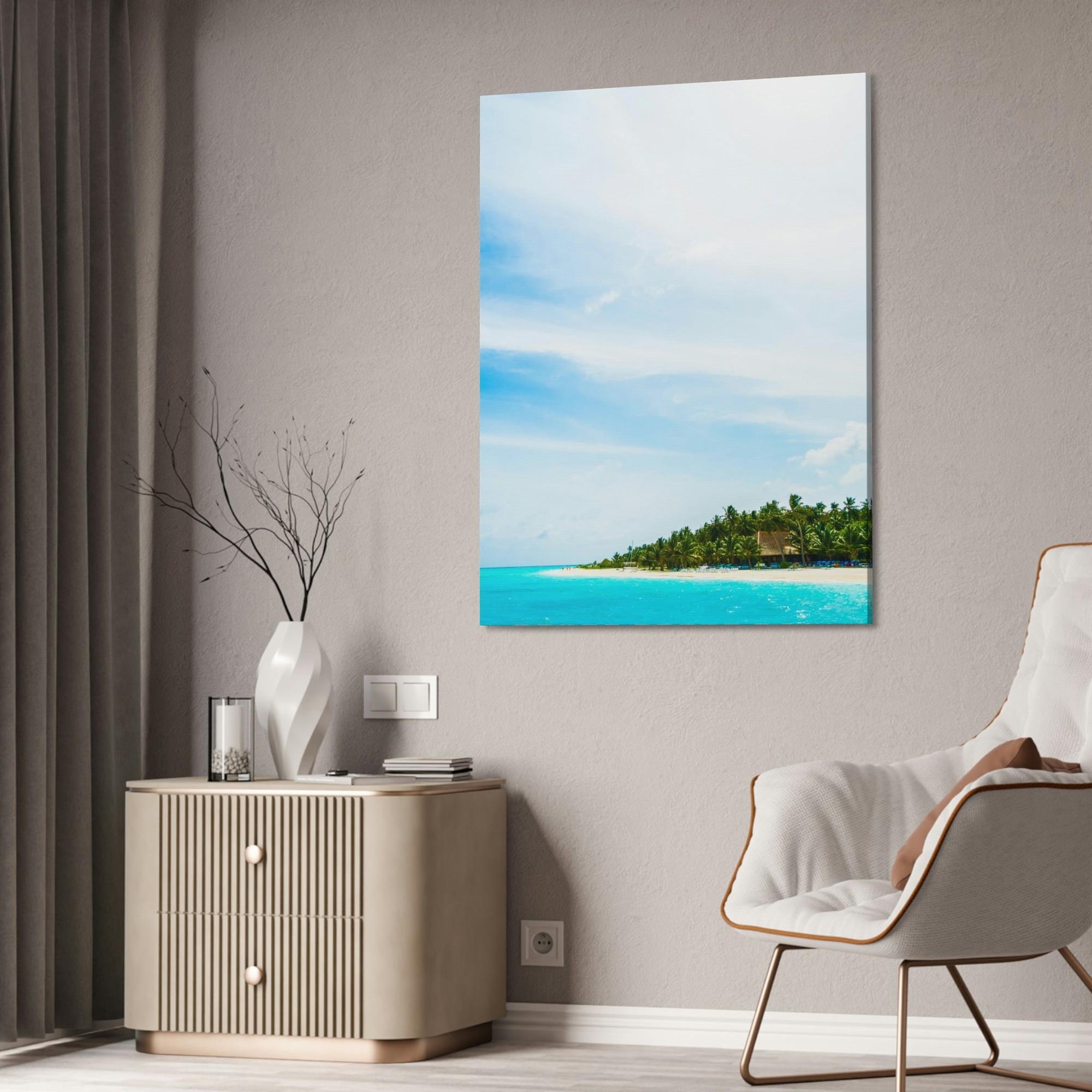 Island Beach Paradise Found: Framed Canvas of a Scenic Island Beach on a Sunset