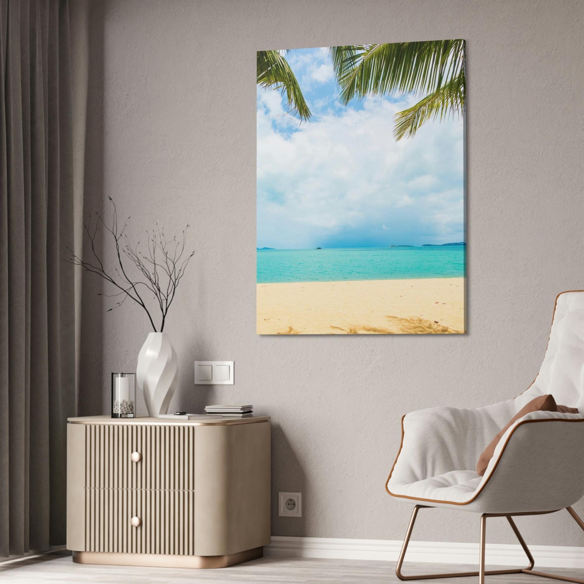 Island Beach Seashore Sanctuary: Art Print of a Tranquil Island Beach Scene on a Framed Canvas