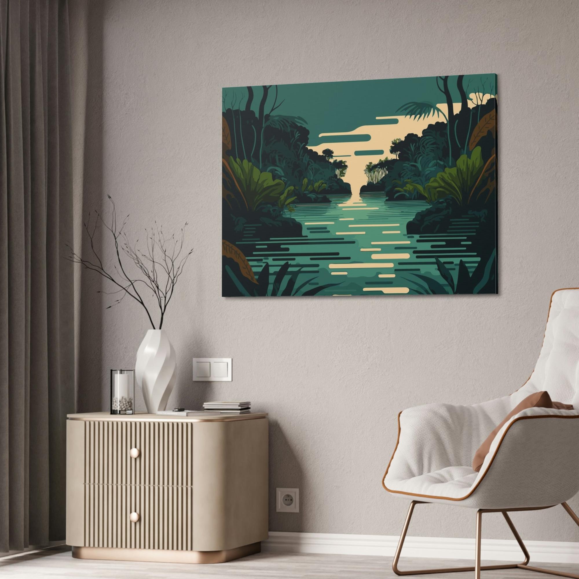 Lakes And Rivers Tranquil Waterside: Wall Art of a Picturesque Lakeside on Natural Canvas