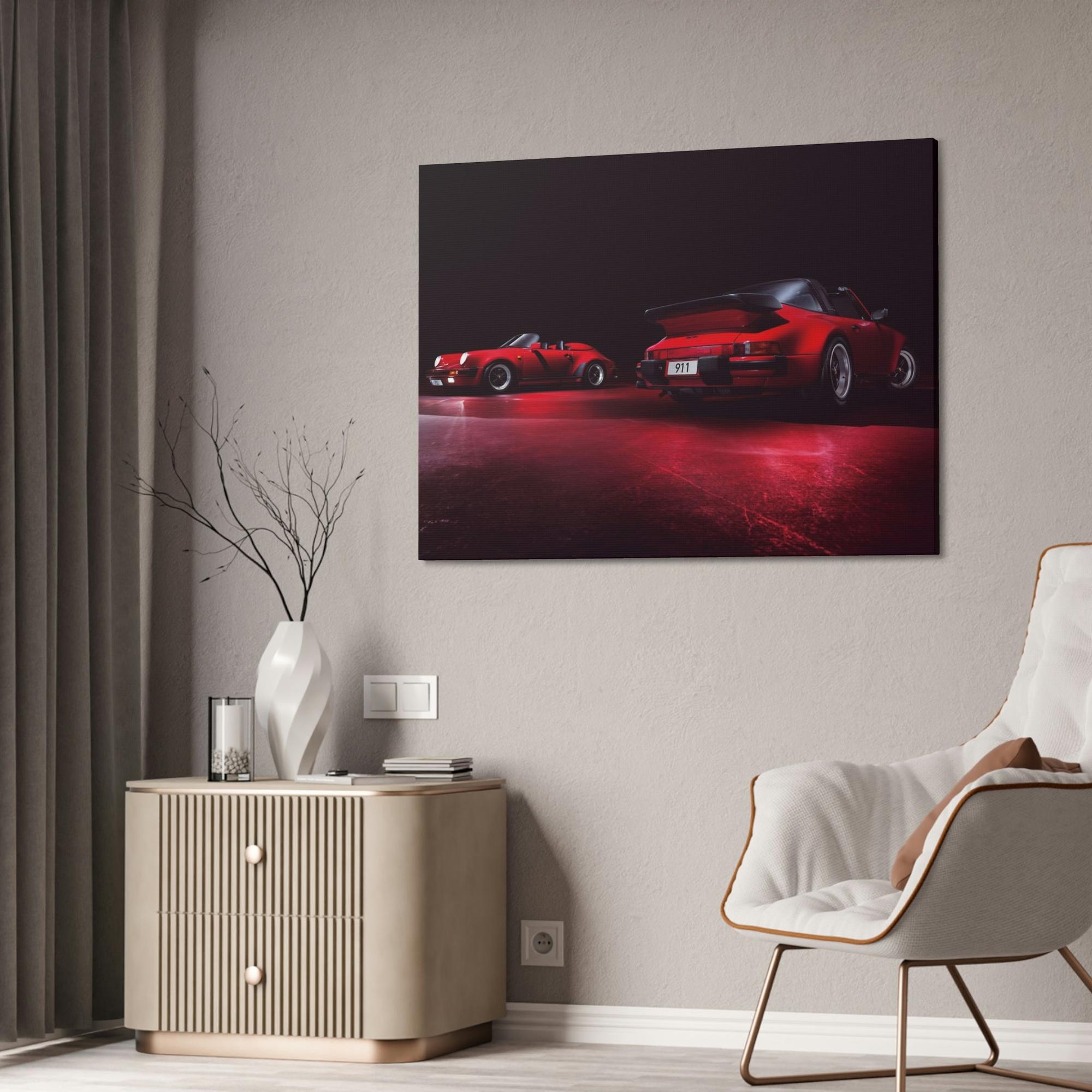 Porsche Red on Red: A Framed Canvas Artwork Featuring Two Iconic Porsche Sports Cars