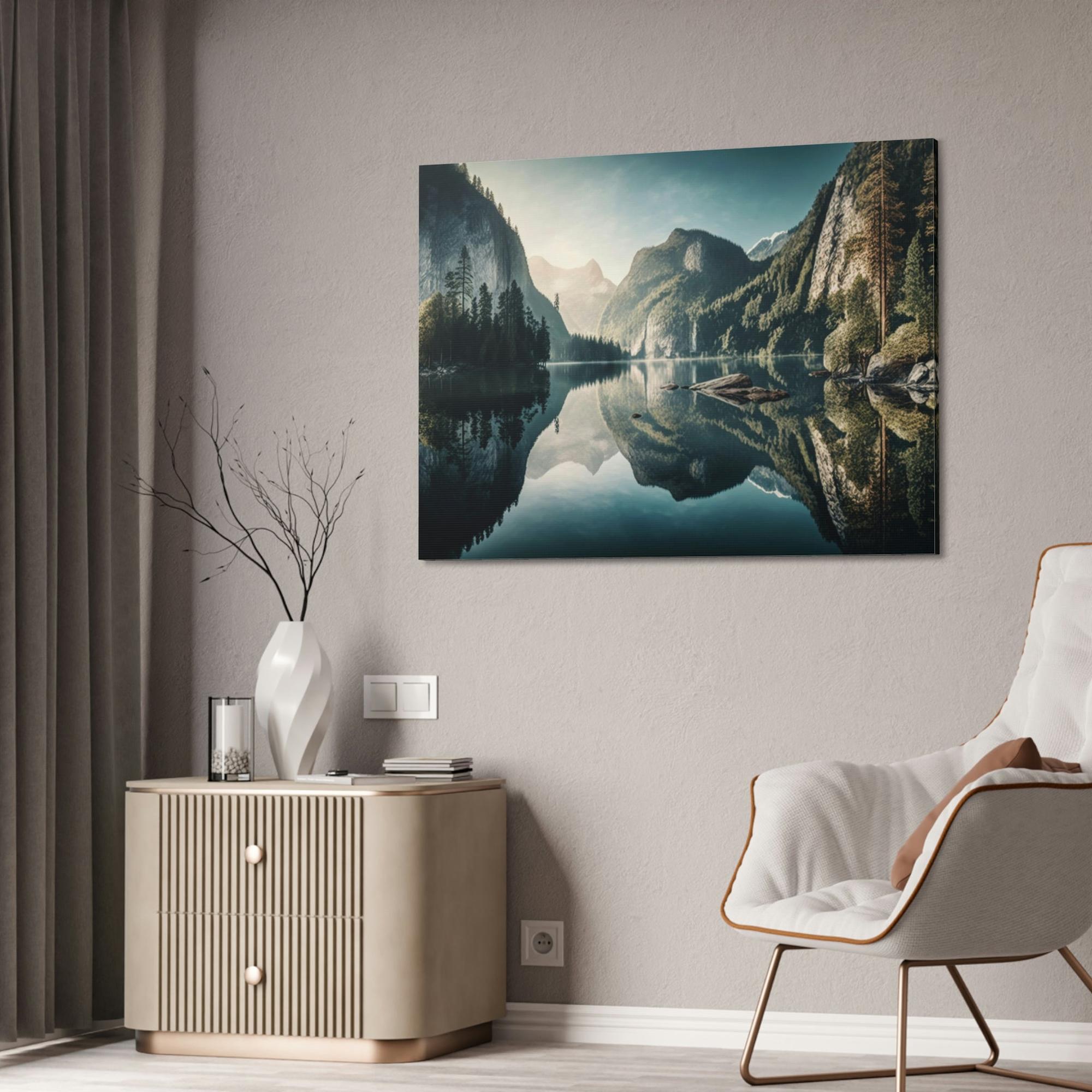 Lakes And Rivers Tranquil Lakeshore: Framed Poster of a Peaceful Lake on Canvas