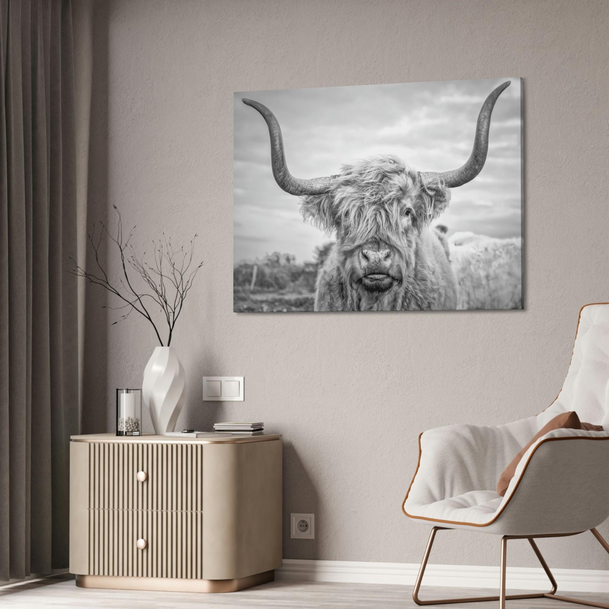 Highland Cow Highland Cow Canvas Print | Black-White Colors | Horned Cattle Wall Art — Pixoram