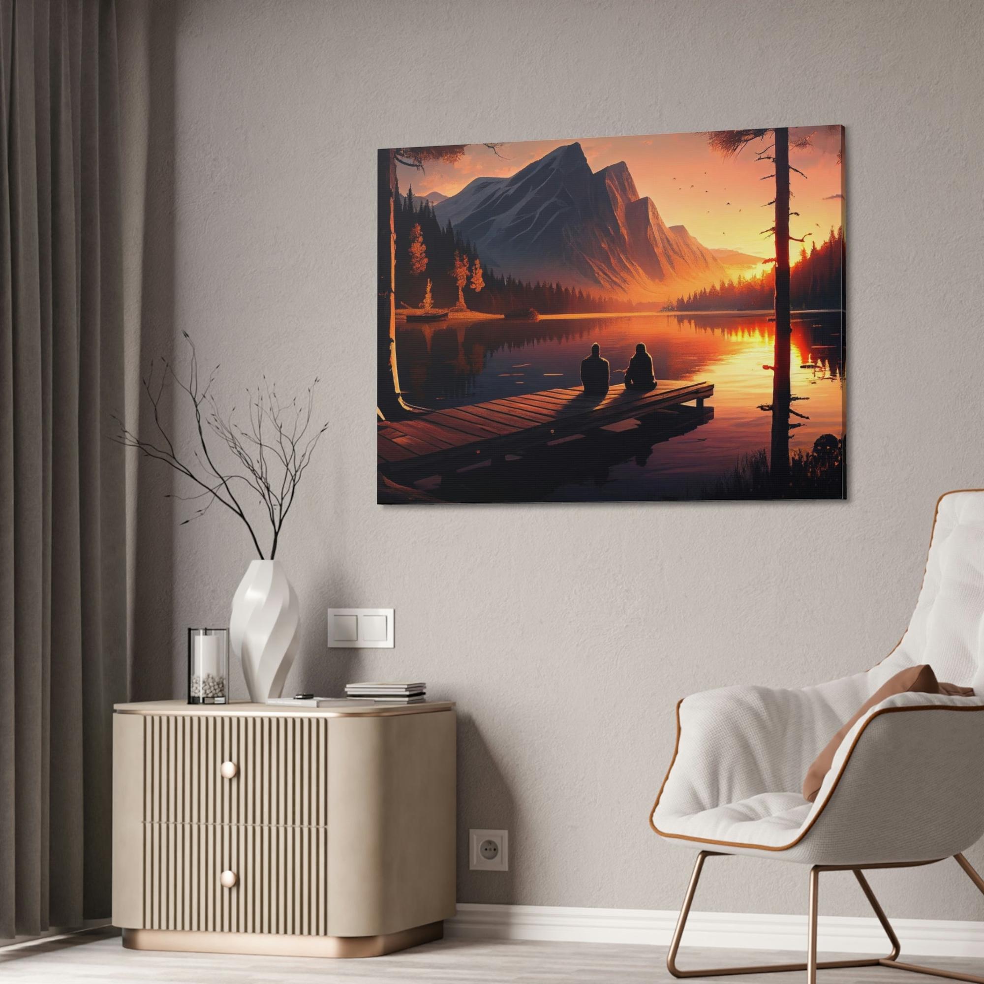 Lakes And Rivers Peaceful Lakeshore: Framed Poster of a Calm Lake Scene on Canvas