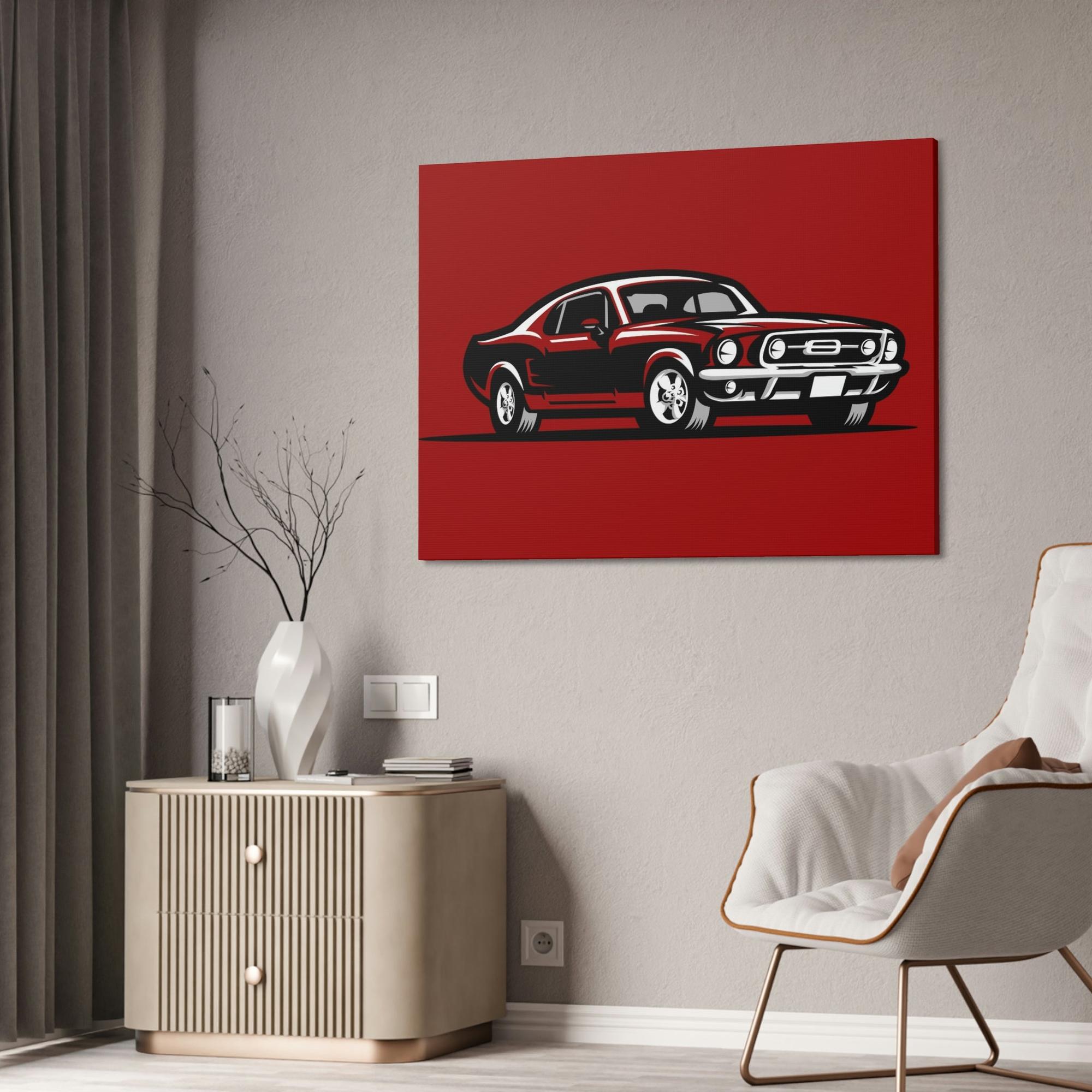Mustang Racing Passion: Red Mustang Wall Art on Natural Canvas and Framed Canvas