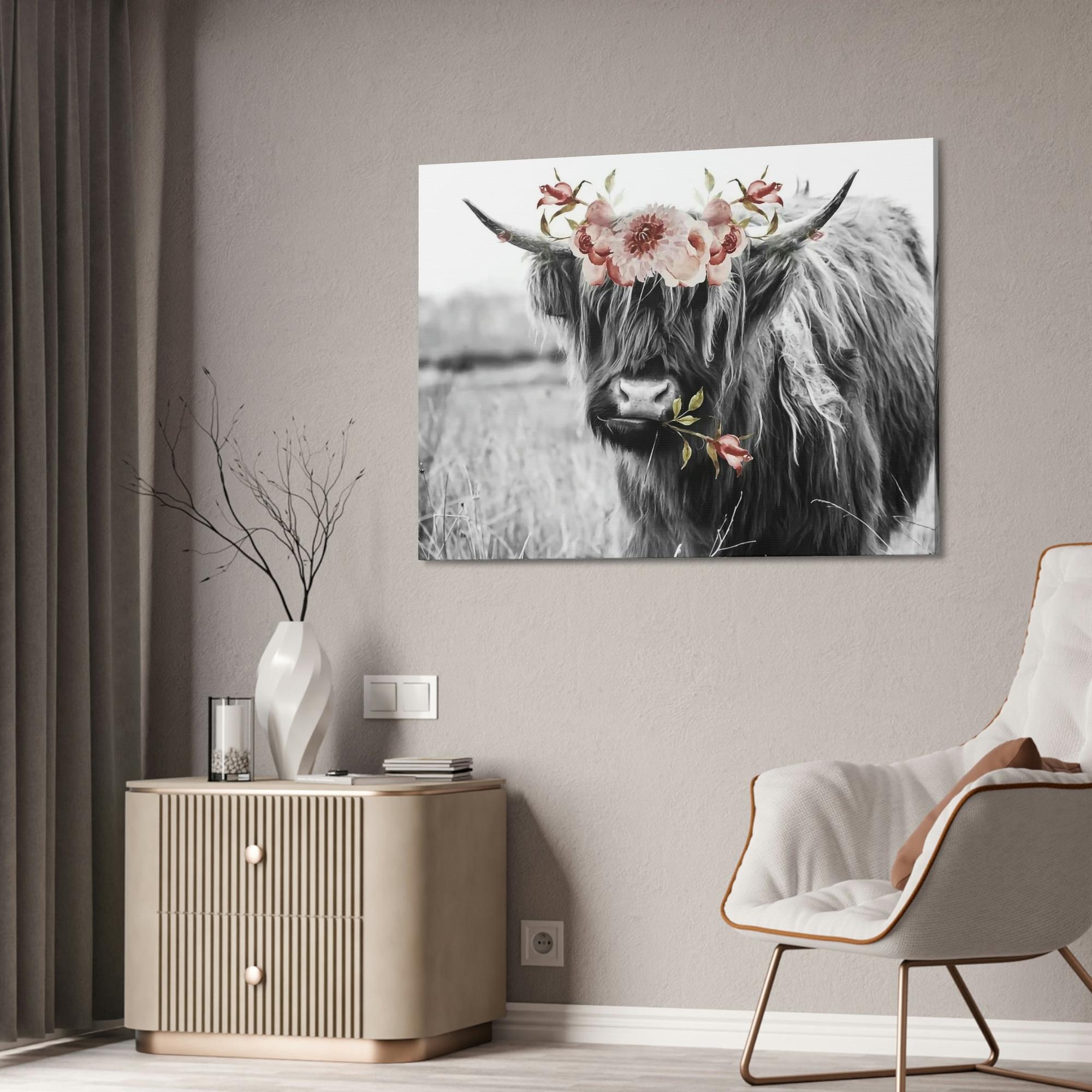 Highland Cow Highland Cow | Black-White Picture of Cow with Pink Flowers in the Mouth | Art Canvas — Pixoram