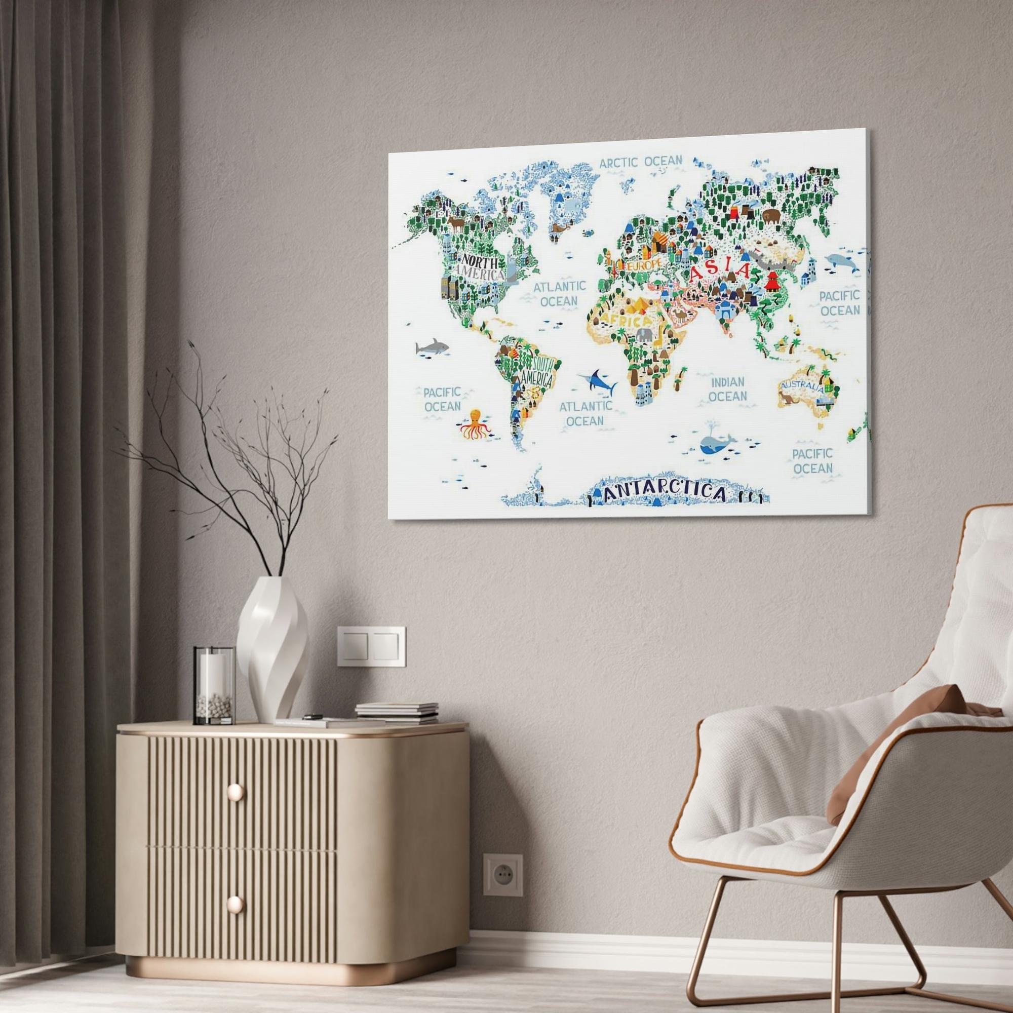 Kids Maps World Adventure: Framed Canvas and Poster of Playful Illustrated Kids Map