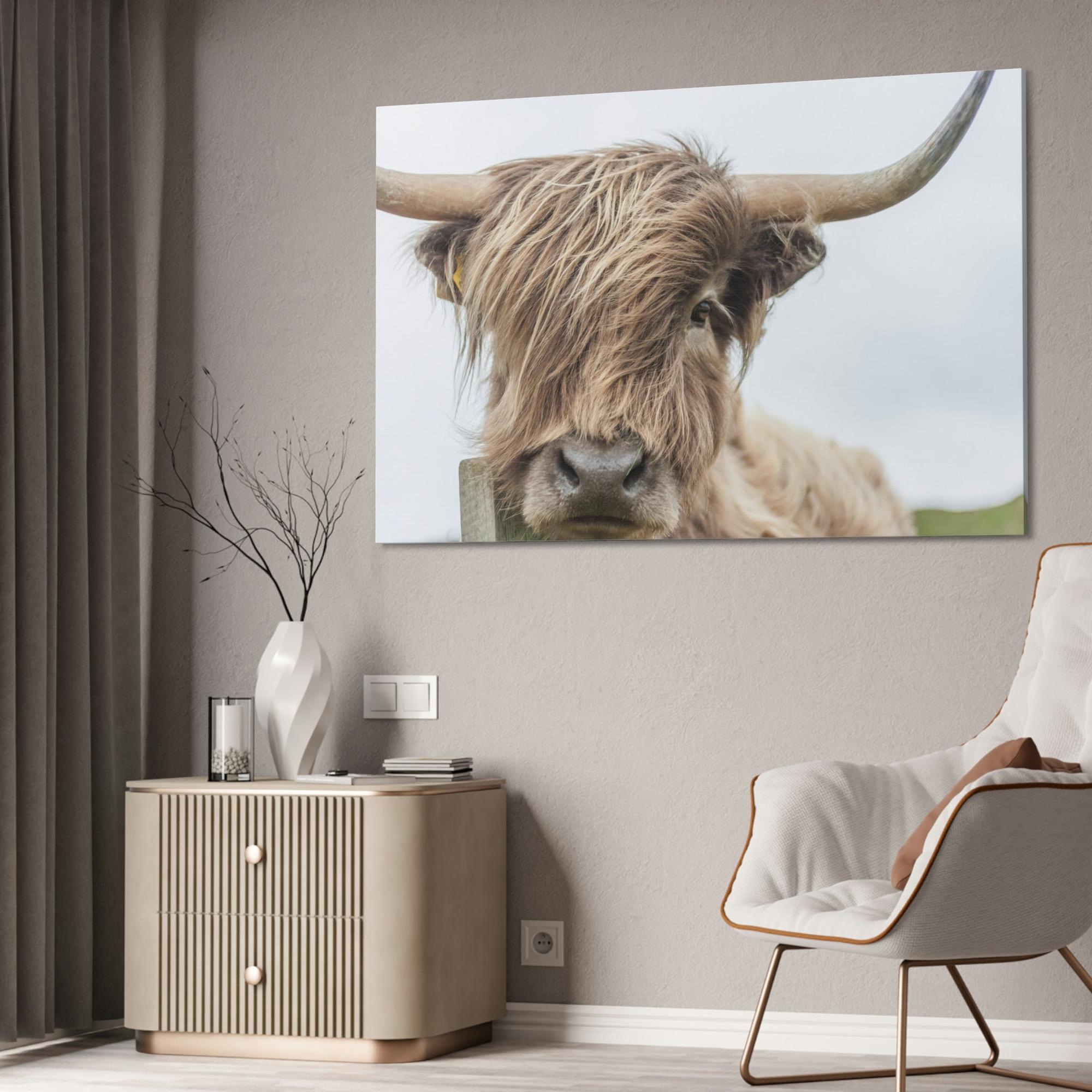 Highland Cow Wilderness Wonder: Wall Art on Canvas of a Majestic Highland Cow in the Wild