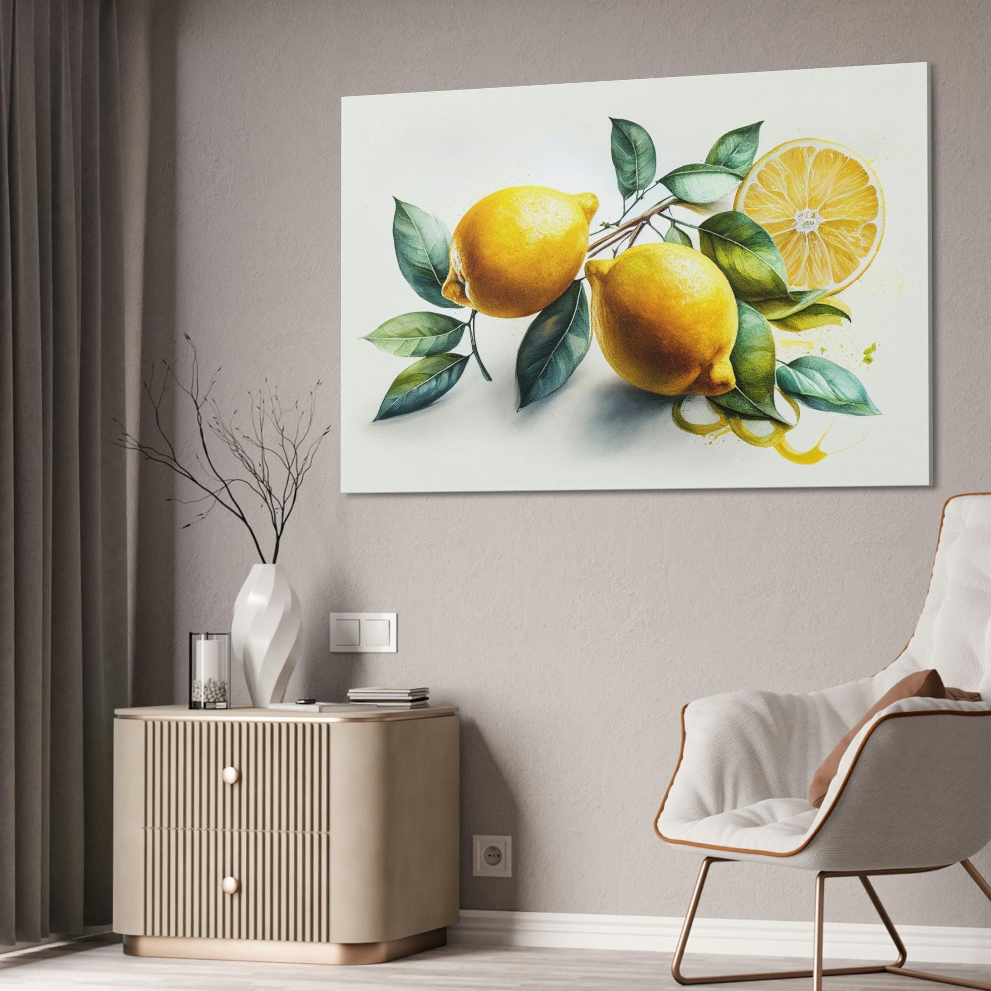 Yellow Lemon Burst: Bright and Playful Wall Art Prints of Yellow Lemons on Natural Canvas