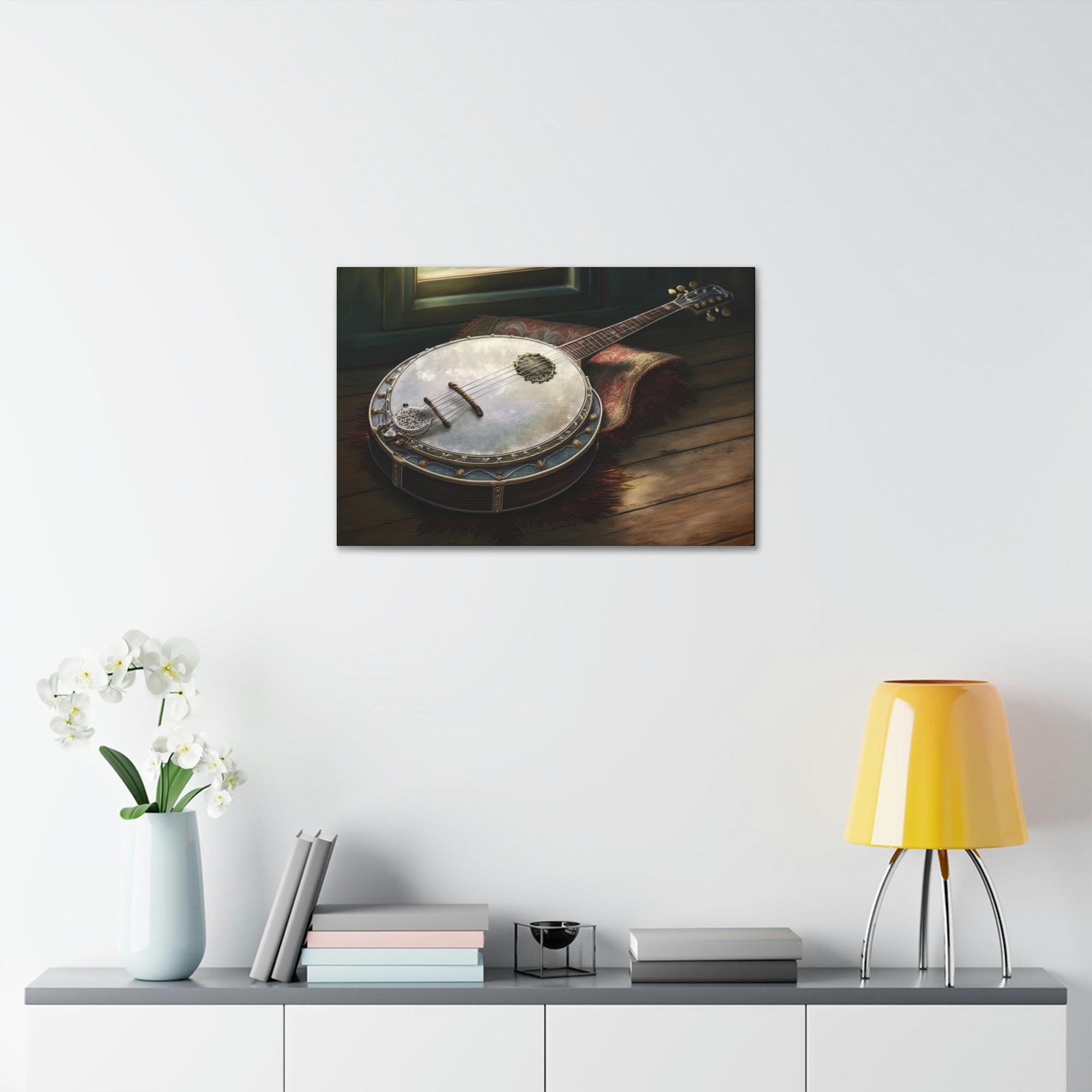 Banjo Soulful Melodies: Natural Canvas & Poster Art Print of a Banjo
