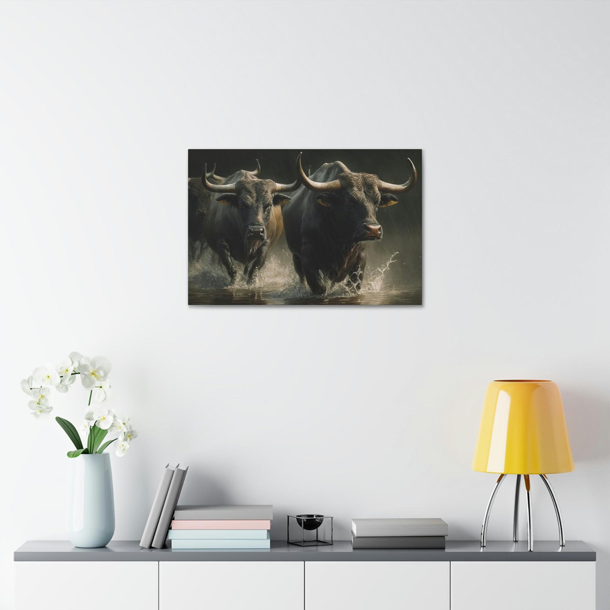 Bulls Wild Bulls Running: Poster & Canvas Print of Cattle Stampede
