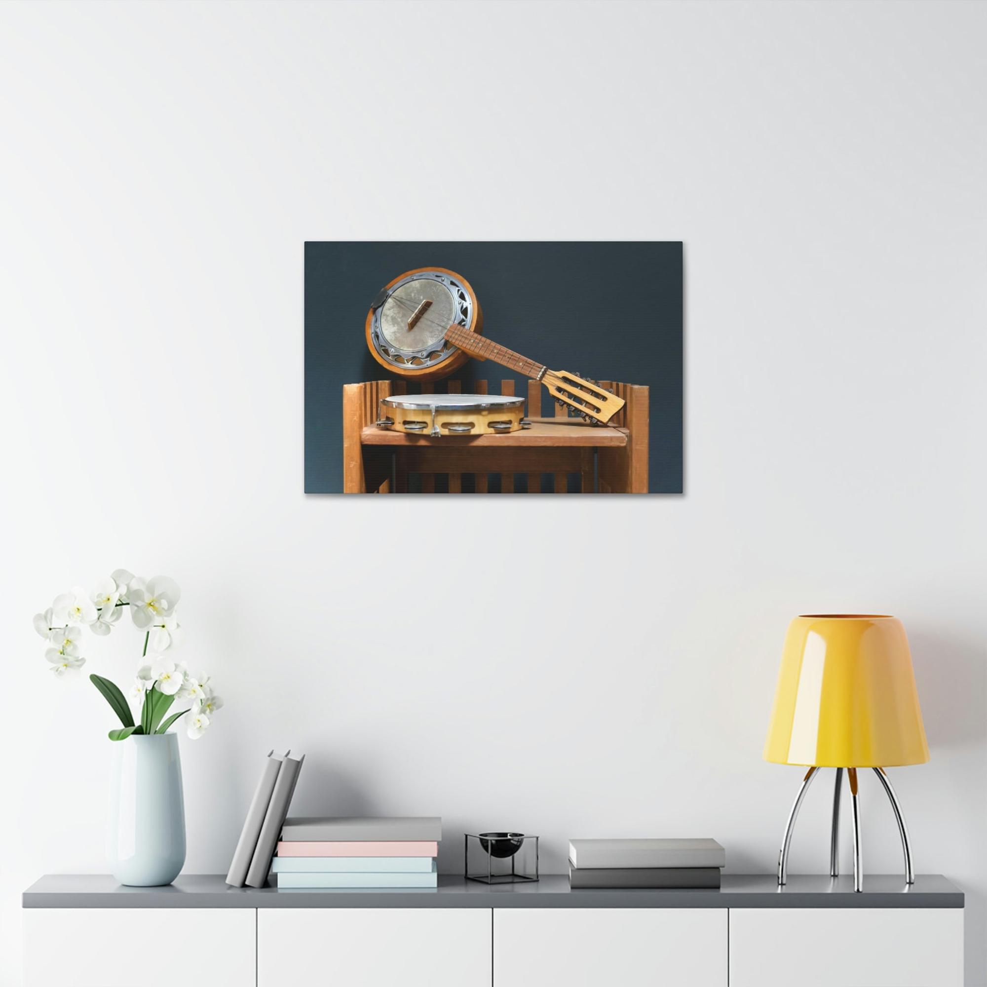 Banjo Musical Memories: Wall Art with a Banjo and Other Instruments in a Rustic Setting