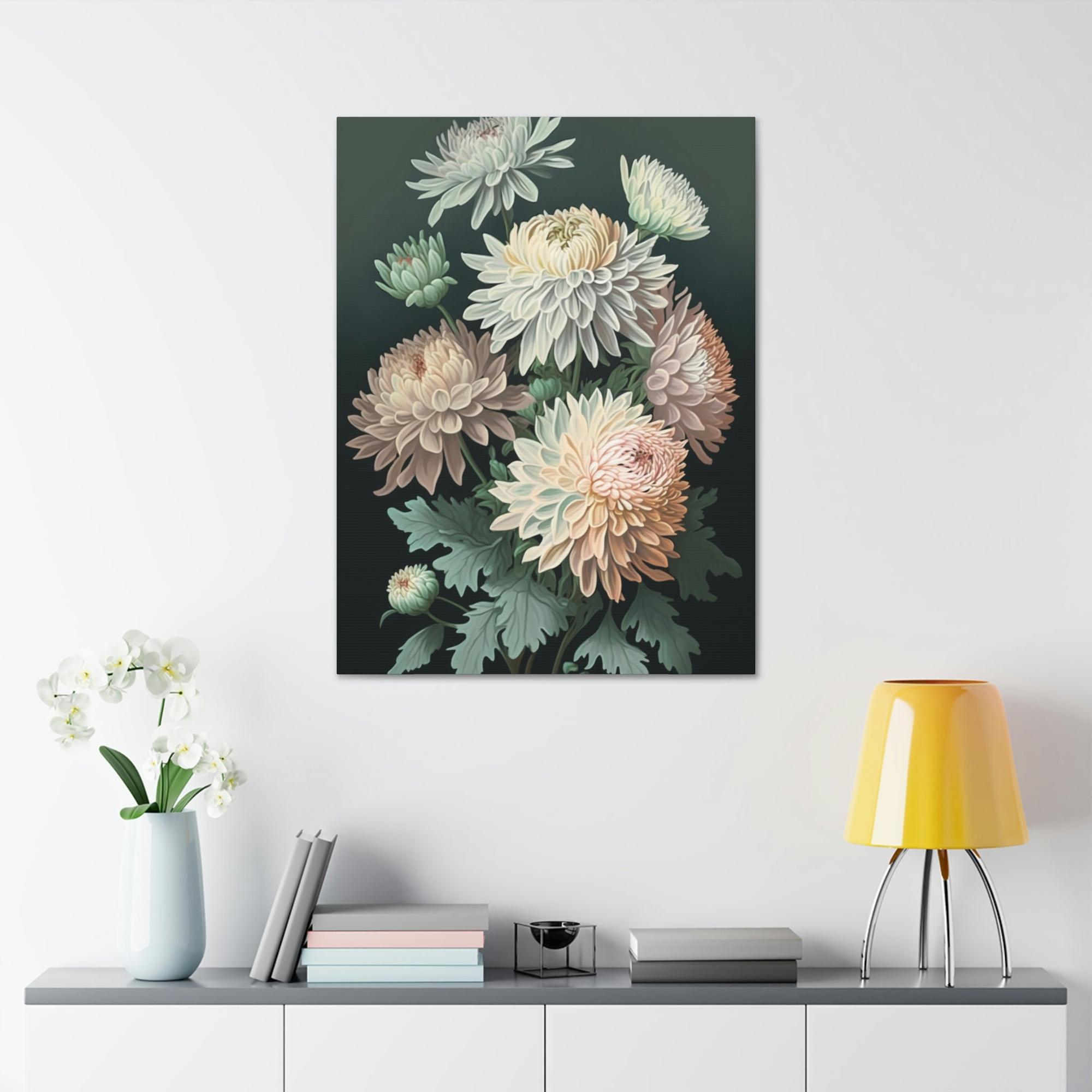 Chrysanthemums Chrysanthemums in Bloom: Beautiful Wall Art on Natural Canvas