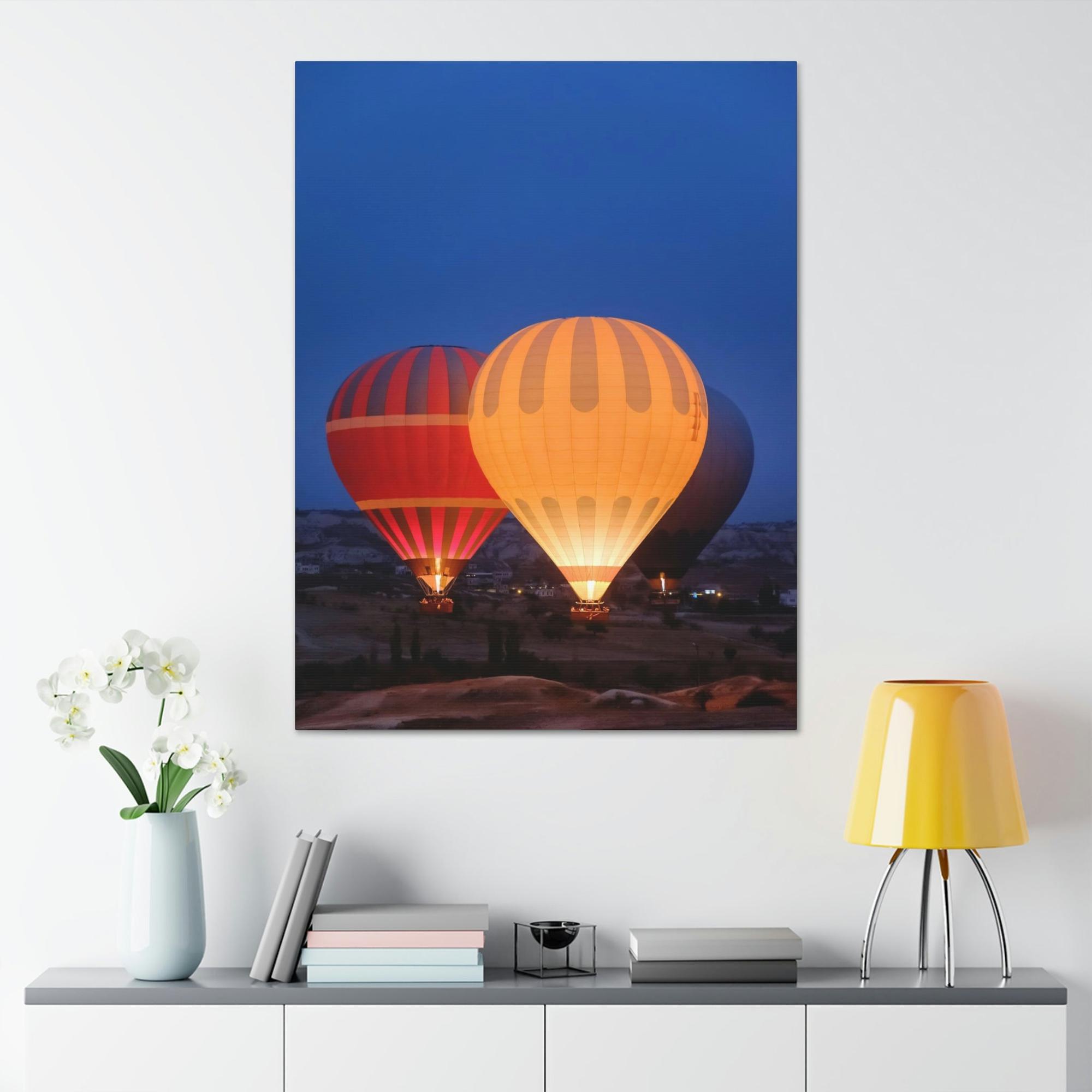 Hot Air Balloons Aerial Adventure: Framed Canvas & Poster of a Hot Air Balloon Over Mountains