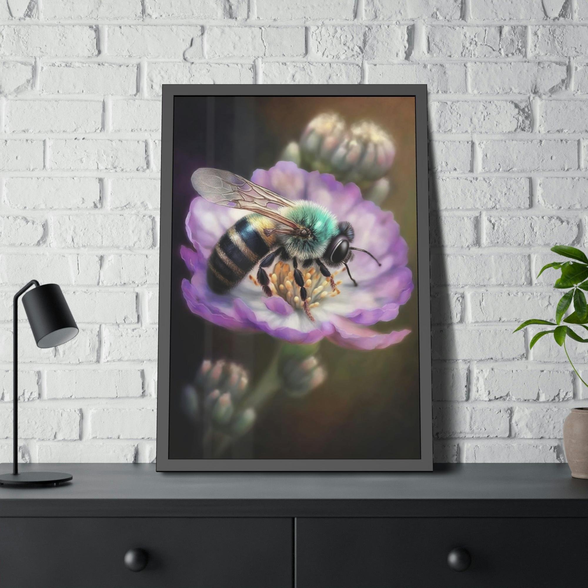 Bees A Tiny Miracle: A Framed Poster & Canvas Print of a Bee Collecting Pollen on a Flower