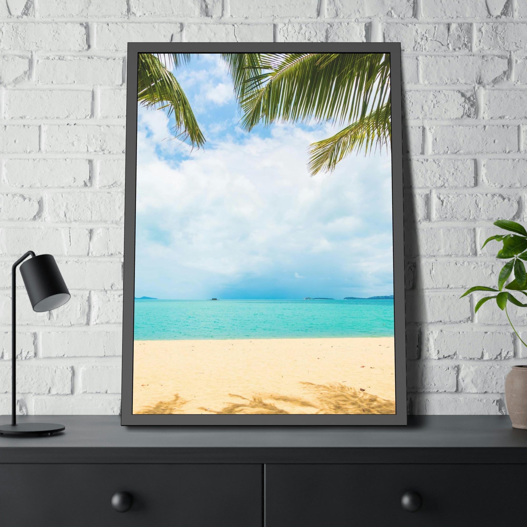Island Beach Seashore Sanctuary: Art Print of a Tranquil Island Beach Scene on a Framed Canvas