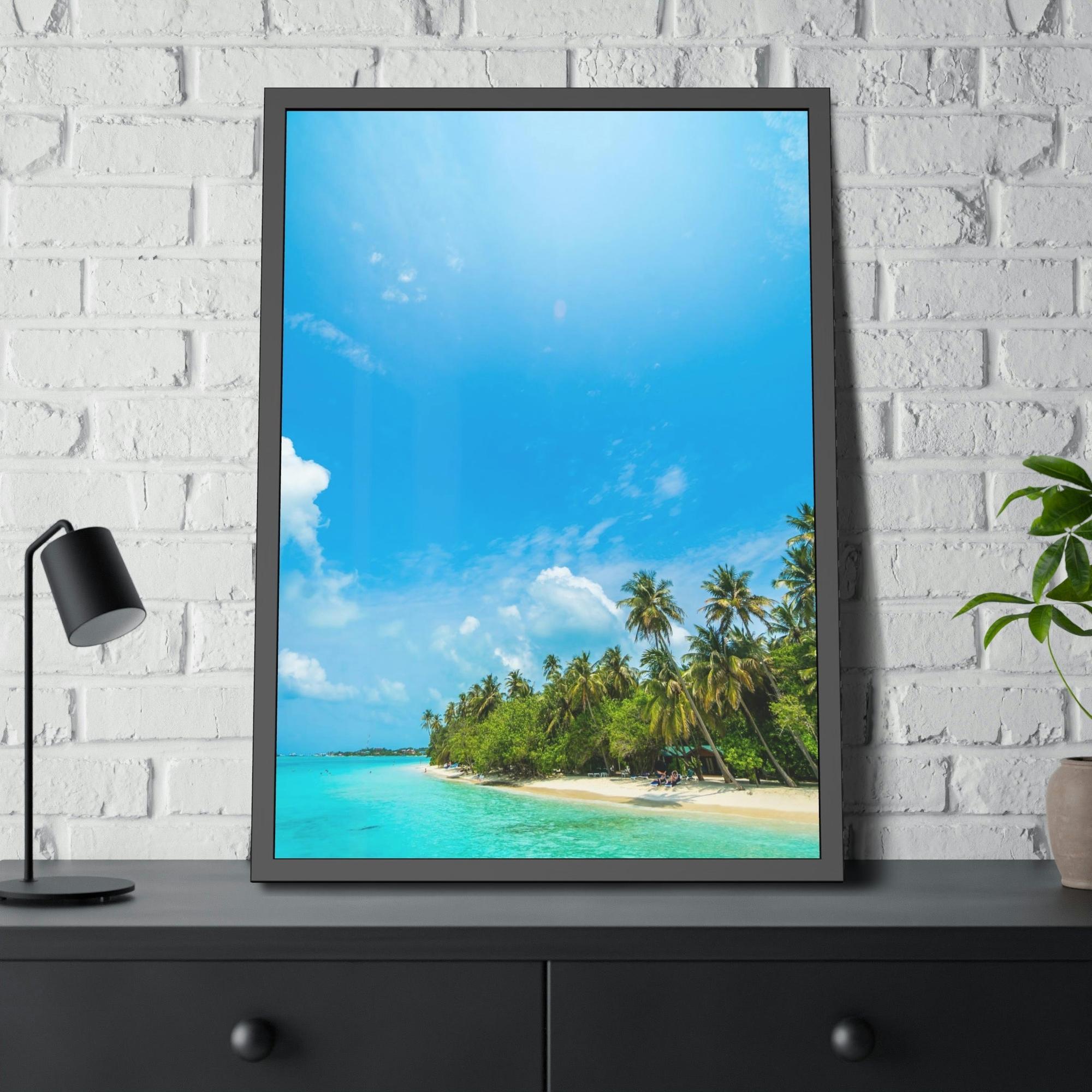 Island Beach Coastal Charm: Art Print of a Beautiful Island Beach Scene on a Framed Poster