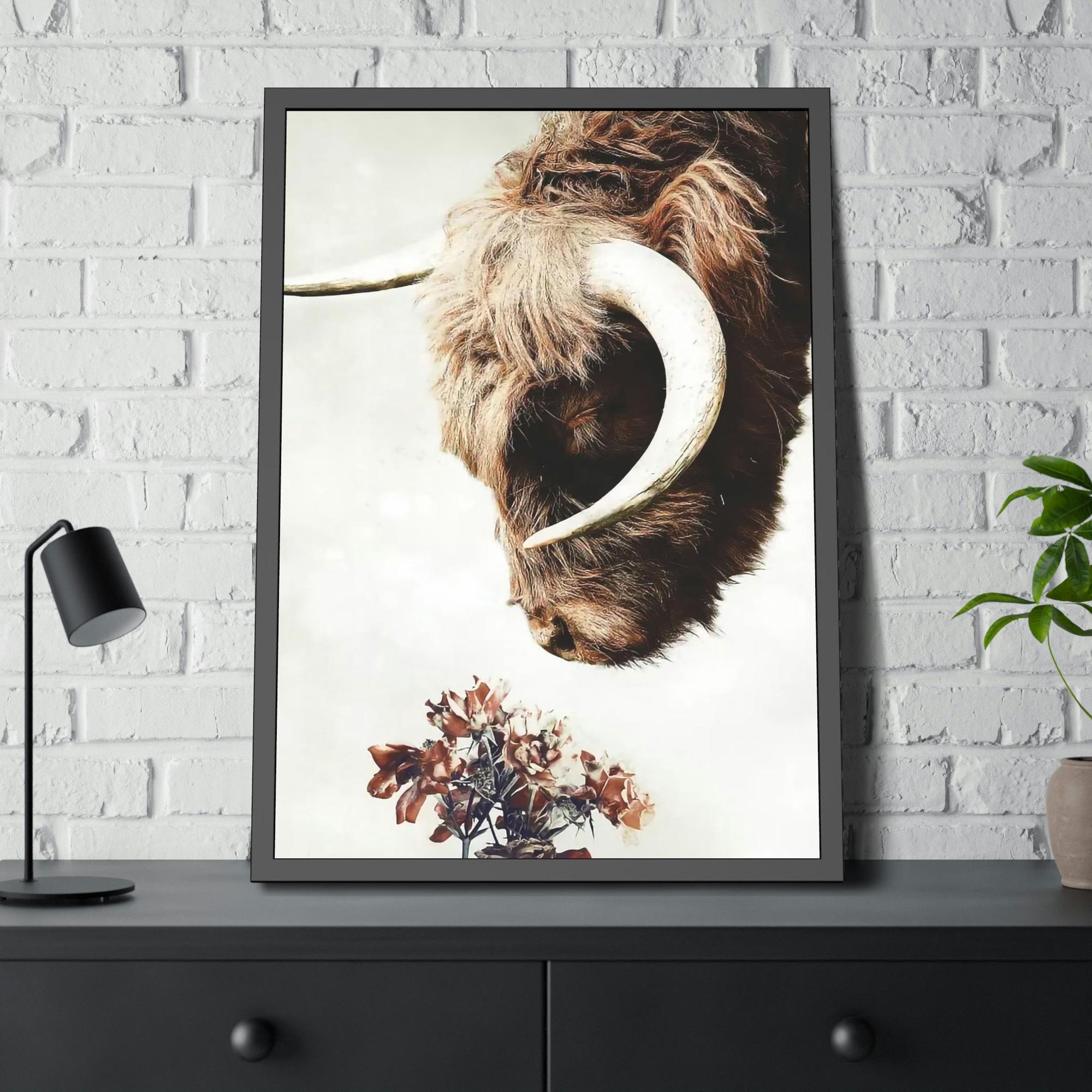 Highland Cow Highland Cow | Horned Cow Smelling a Flower | Animal Wall Art — Pixoram