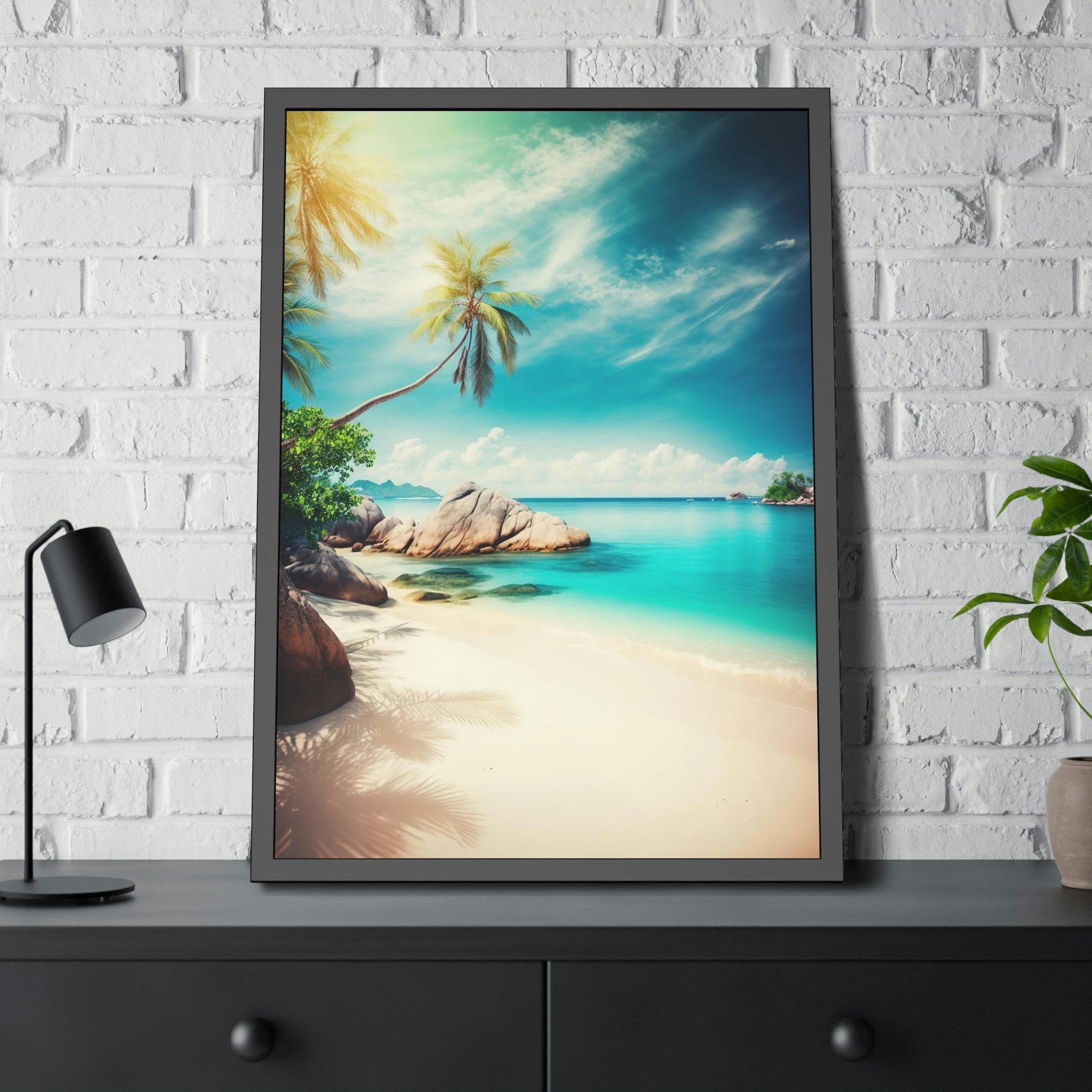 Island Beach Beachfront Beauty: Poster of a Scenic Island Beach Scene on a Framed Poster