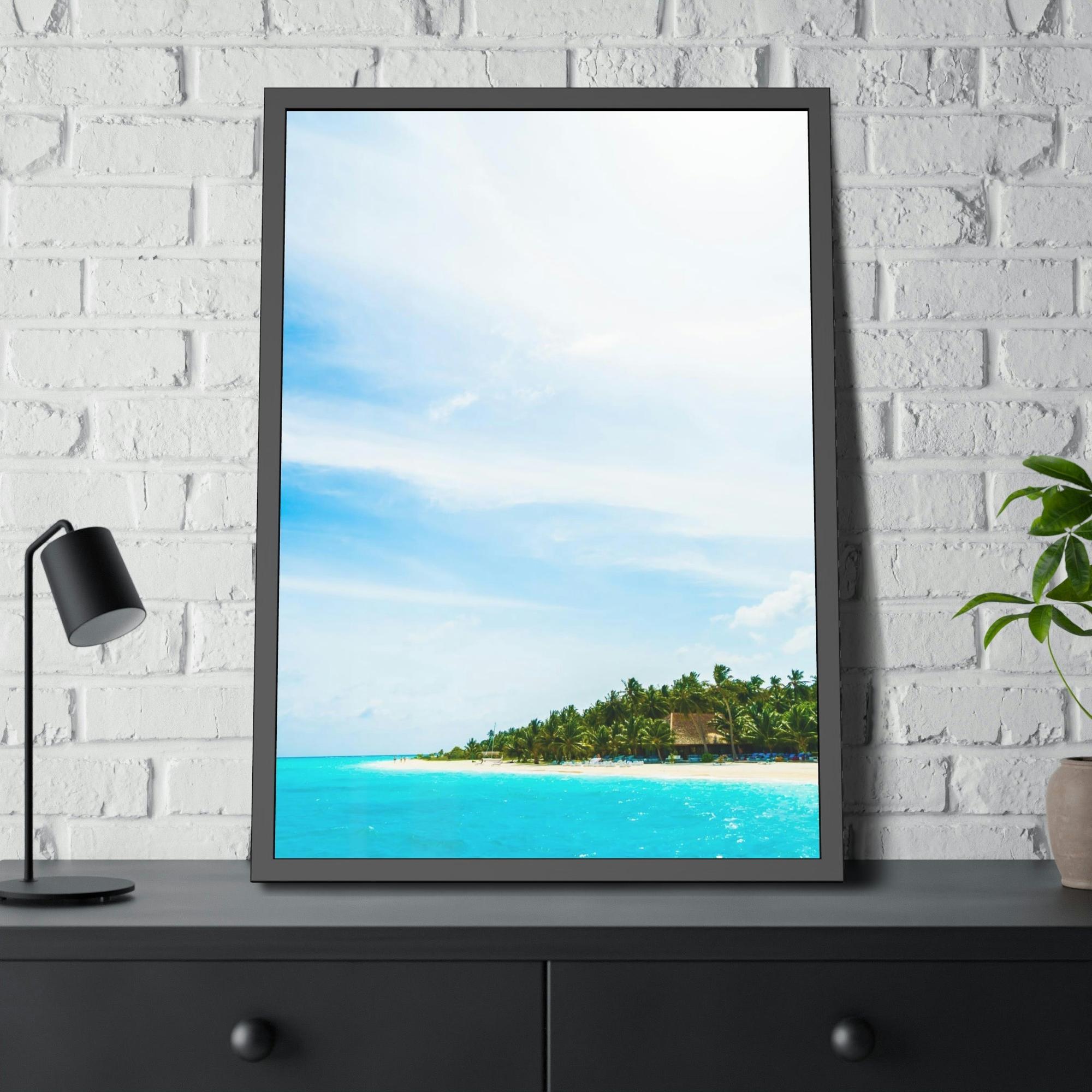 Island Beach Paradise Found: Framed Canvas of a Scenic Island Beach on a Sunset