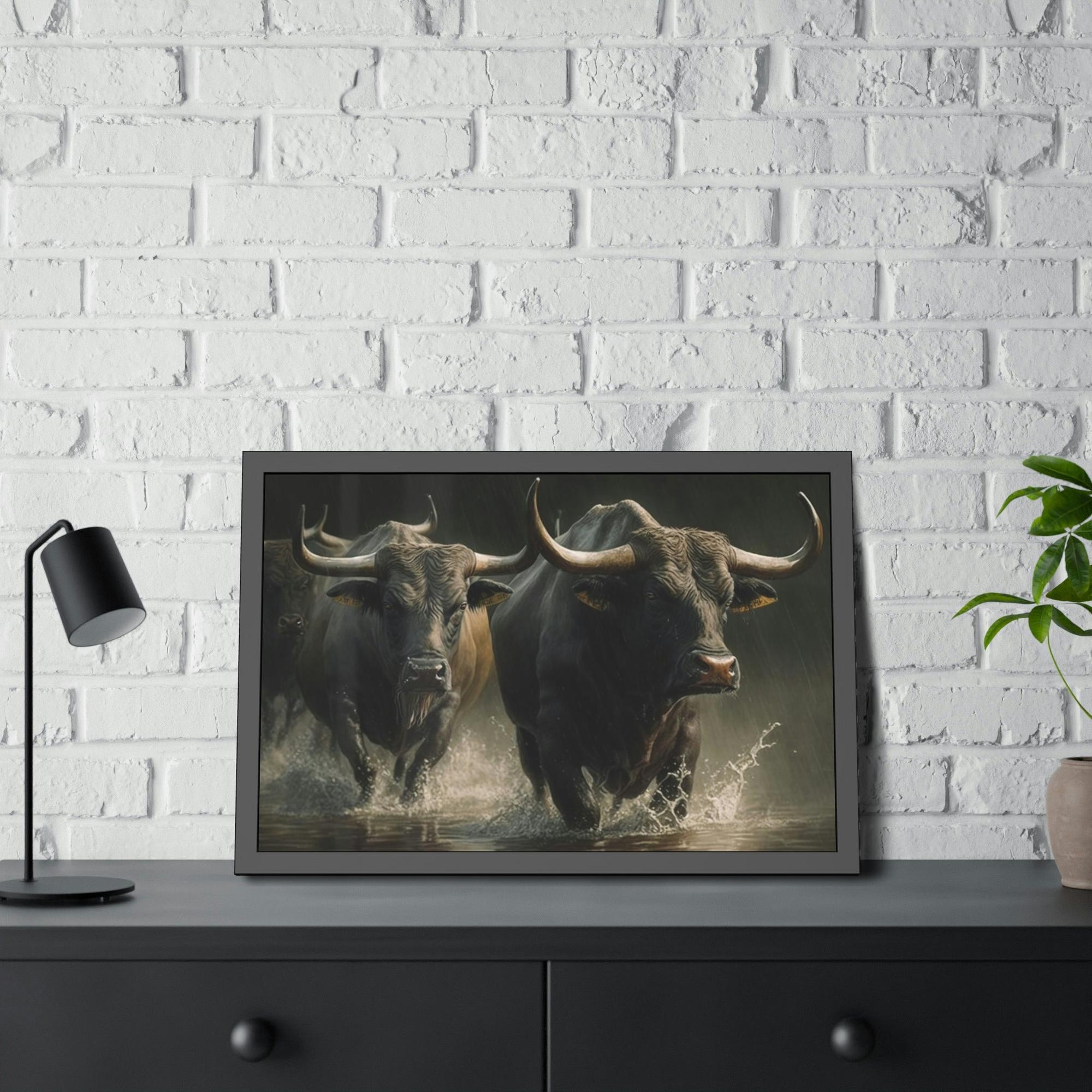 Bulls Wild Bulls Running: Poster & Canvas Print of Cattle Stampede