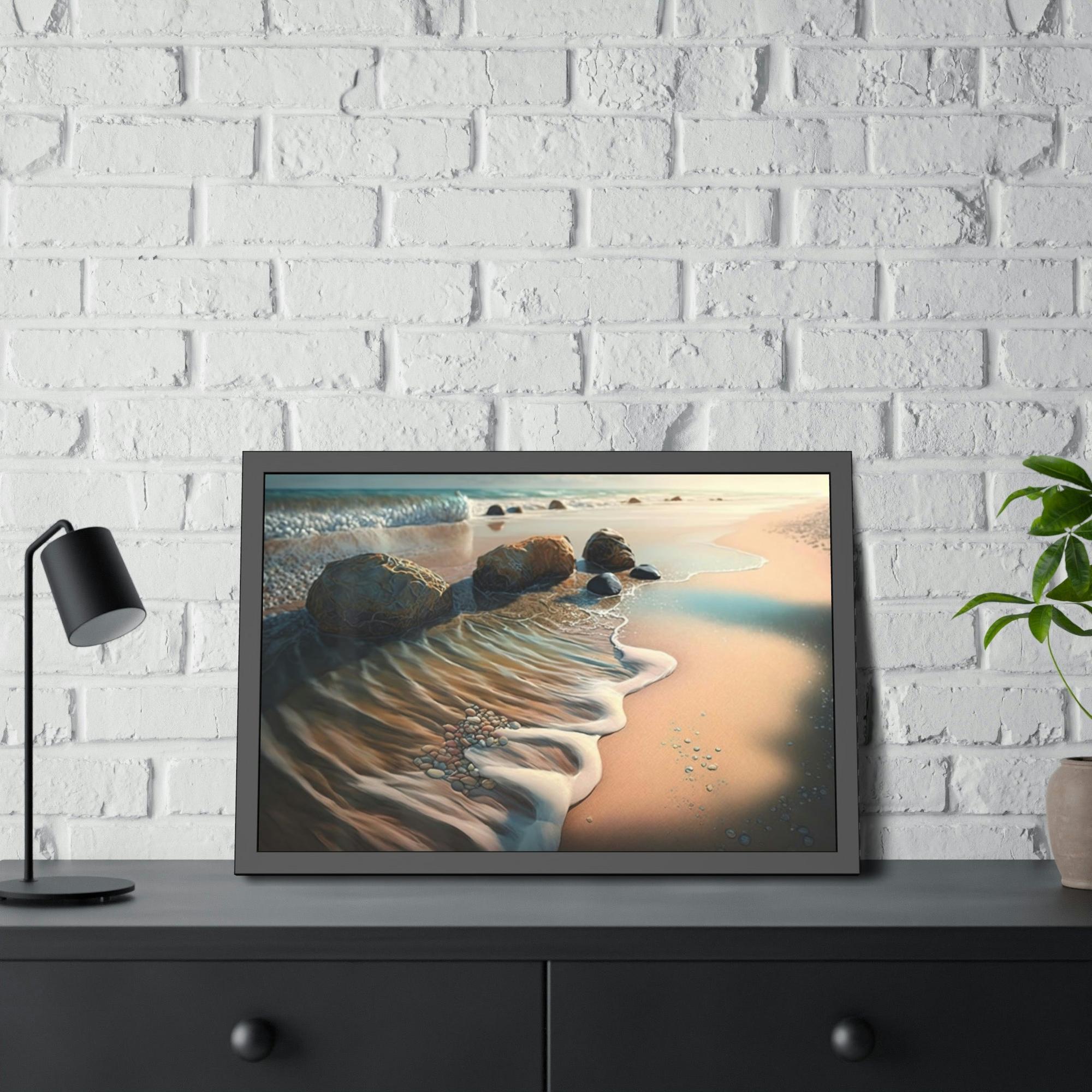 Beaches Ocean's Symphony: Framed Poster of Waves Crashing on Beach
